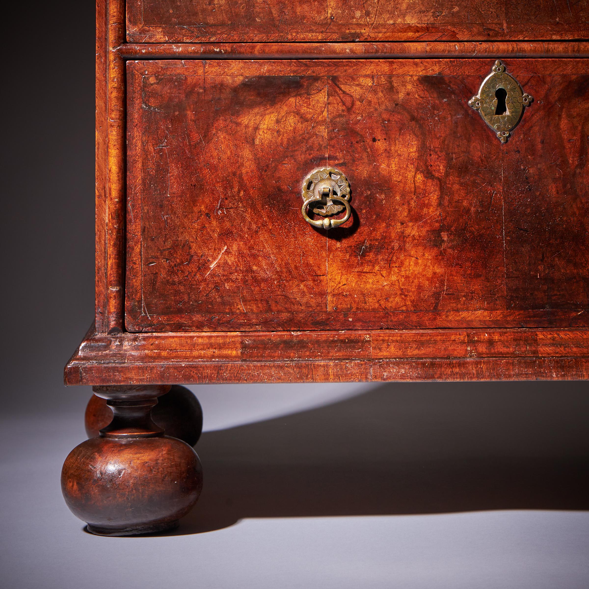 A Small and Rare William and Marry Figured Walnut Chest of Drawers, Circa 1690.  For Sale 1