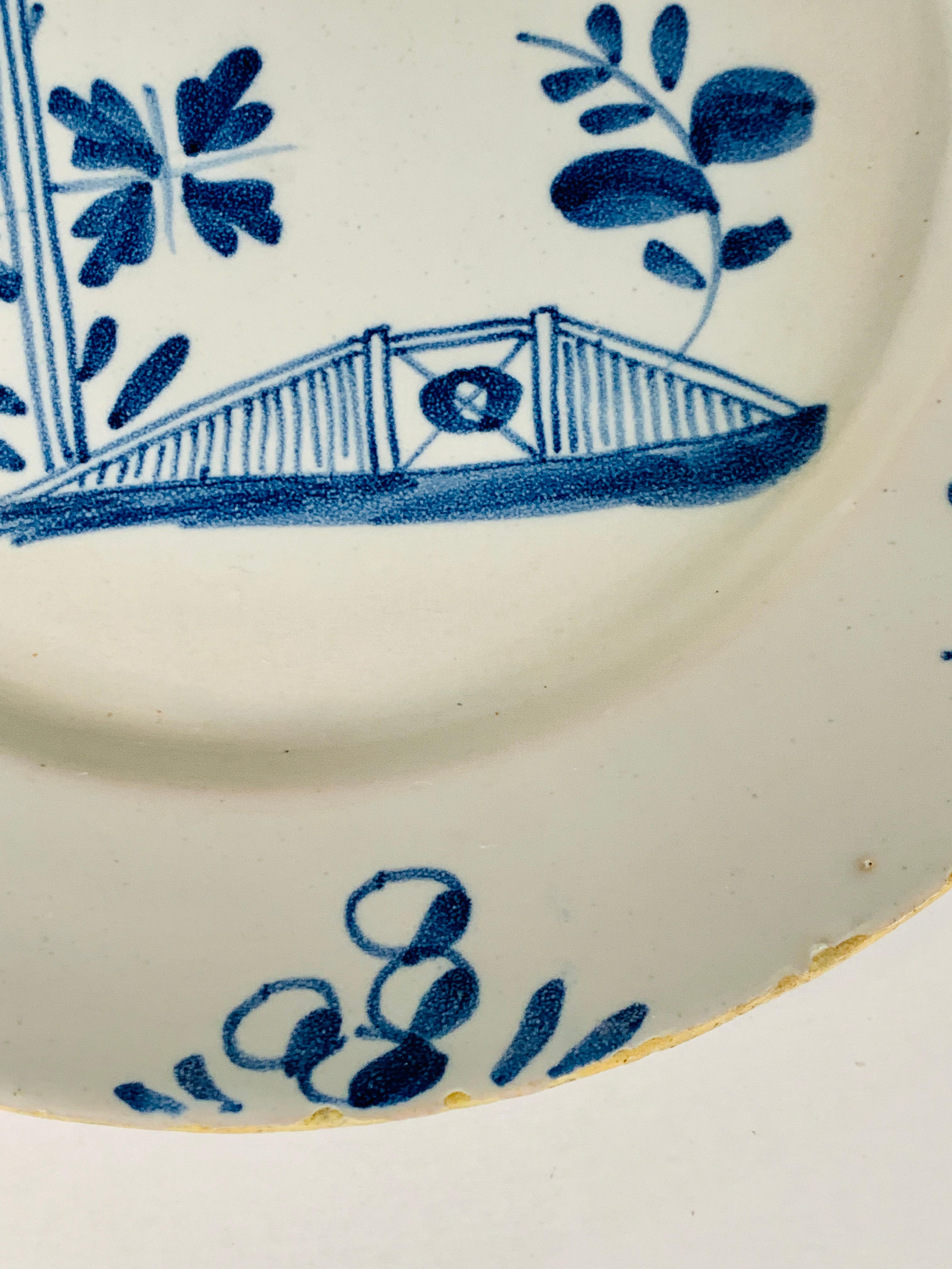 English Small Blue and White Hand-Painted Delft Plate Made, circa 1740