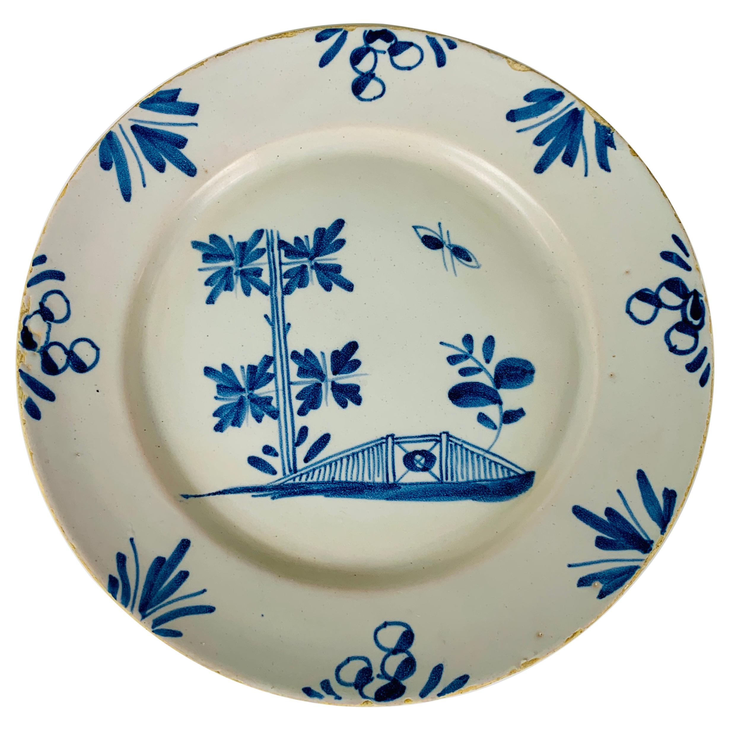 Small Blue and White Hand-Painted Delft Plate Made, circa 1740
