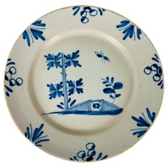 Small Blue and White Hand-Painted Delft Plate Made, circa 1740