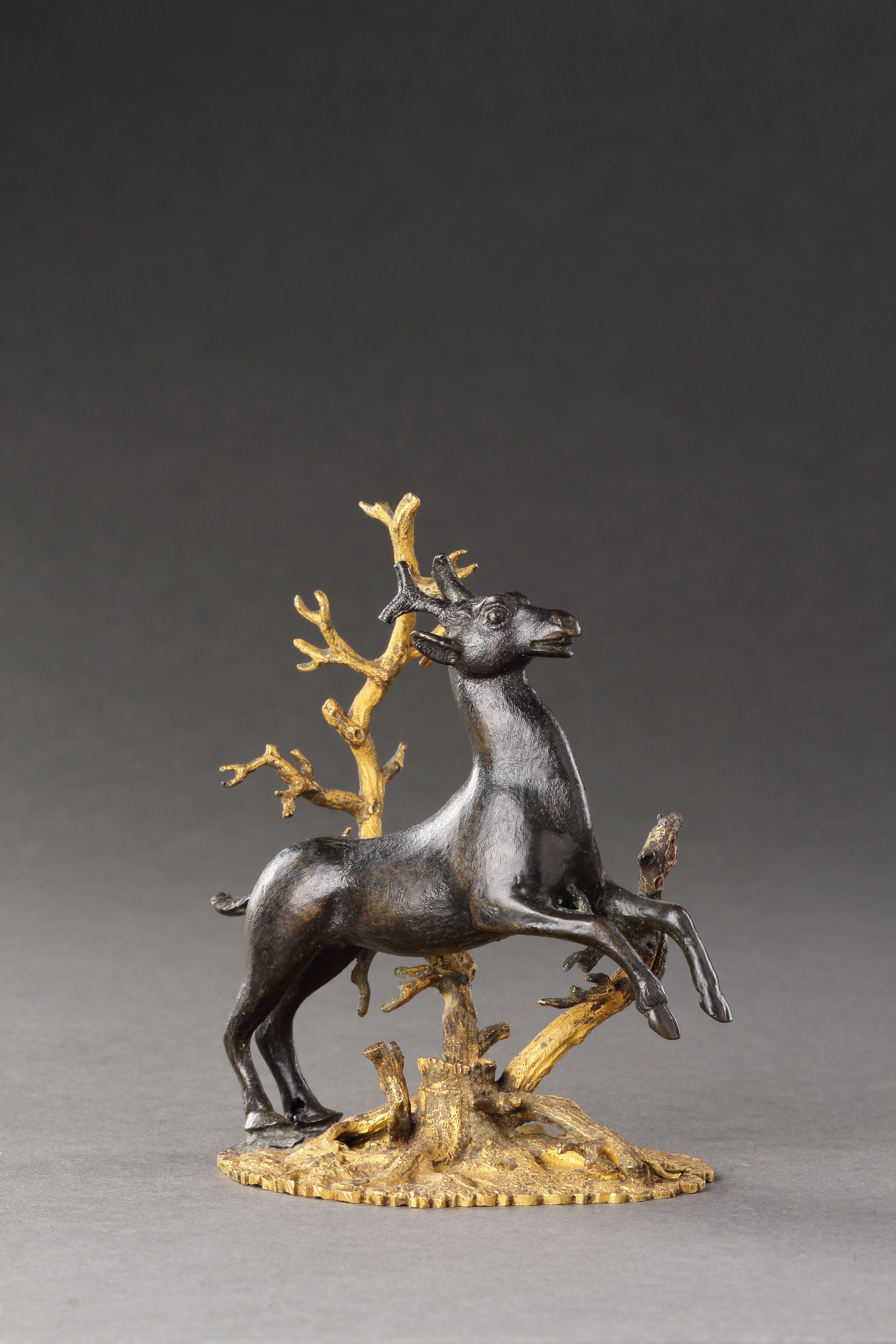 German A Small Bronze Group of a Prancing Stag For Sale