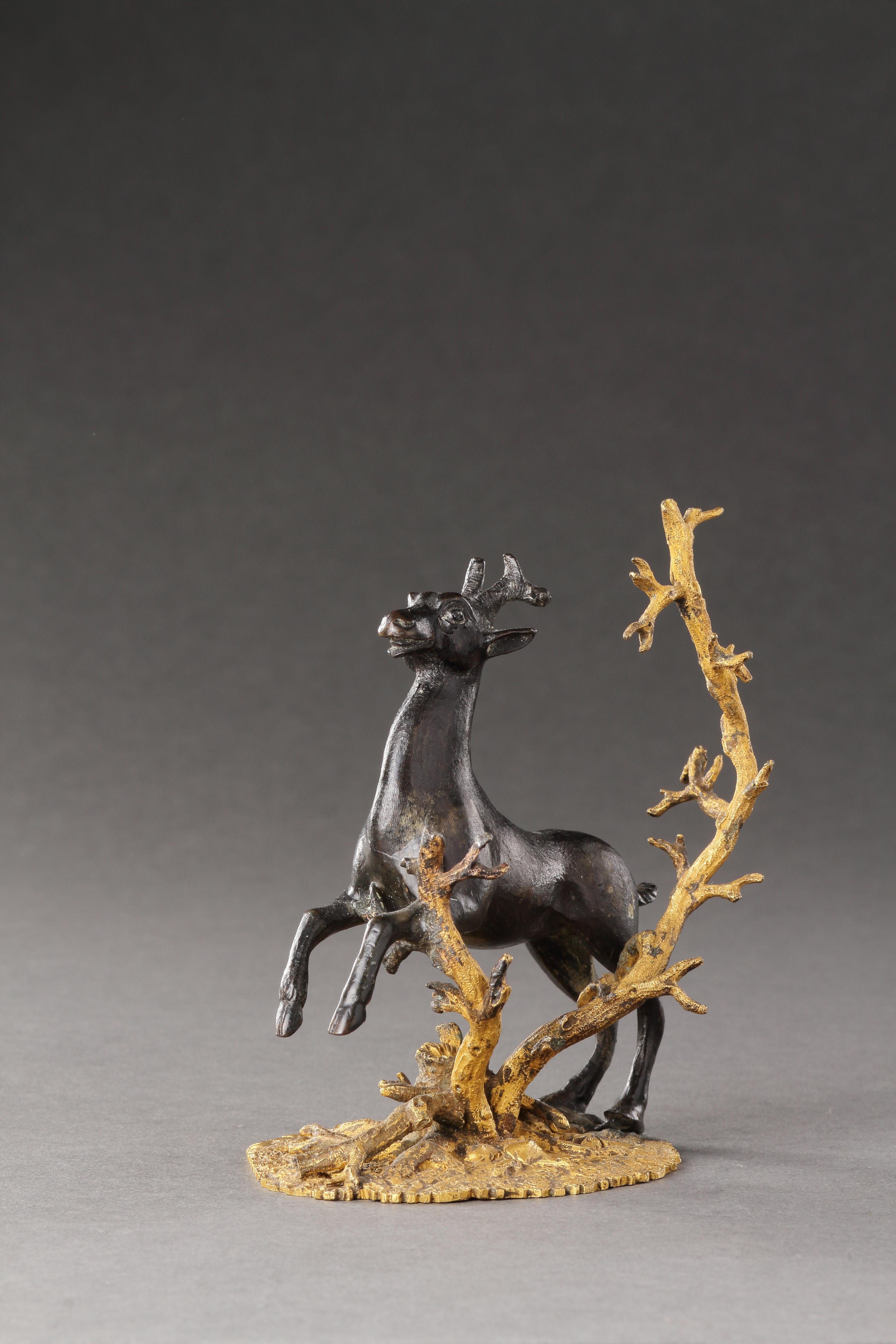 18th Century and Earlier A Small Bronze Group of a Prancing Stag For Sale