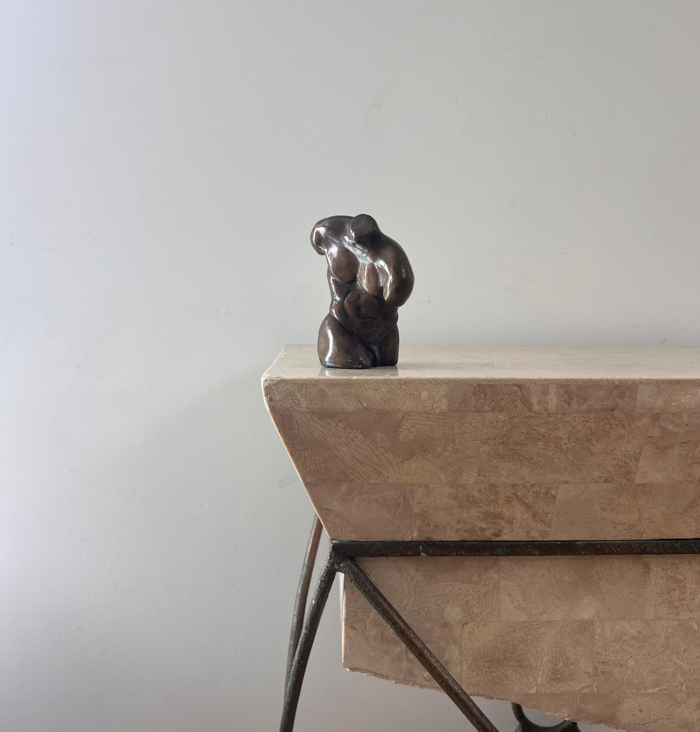 A small hand-carved torso of a nude male in bronze, 20th century. Little is known about this special sculpture, other than it exhibits signs of Italian School as well as neoclassical sensibilities. There is a small mounting hole on verso should the