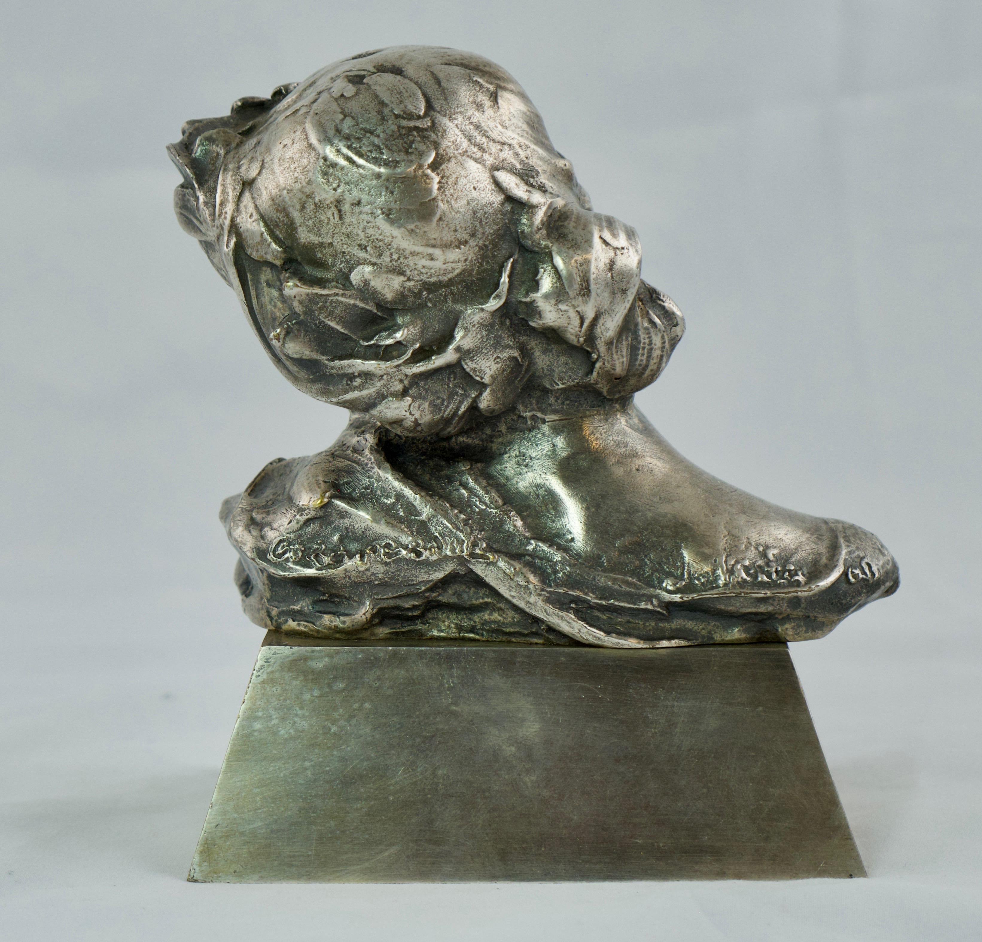 Art Nouveau Small Bust of a Woman Head Made of Silvered Bronze For Sale