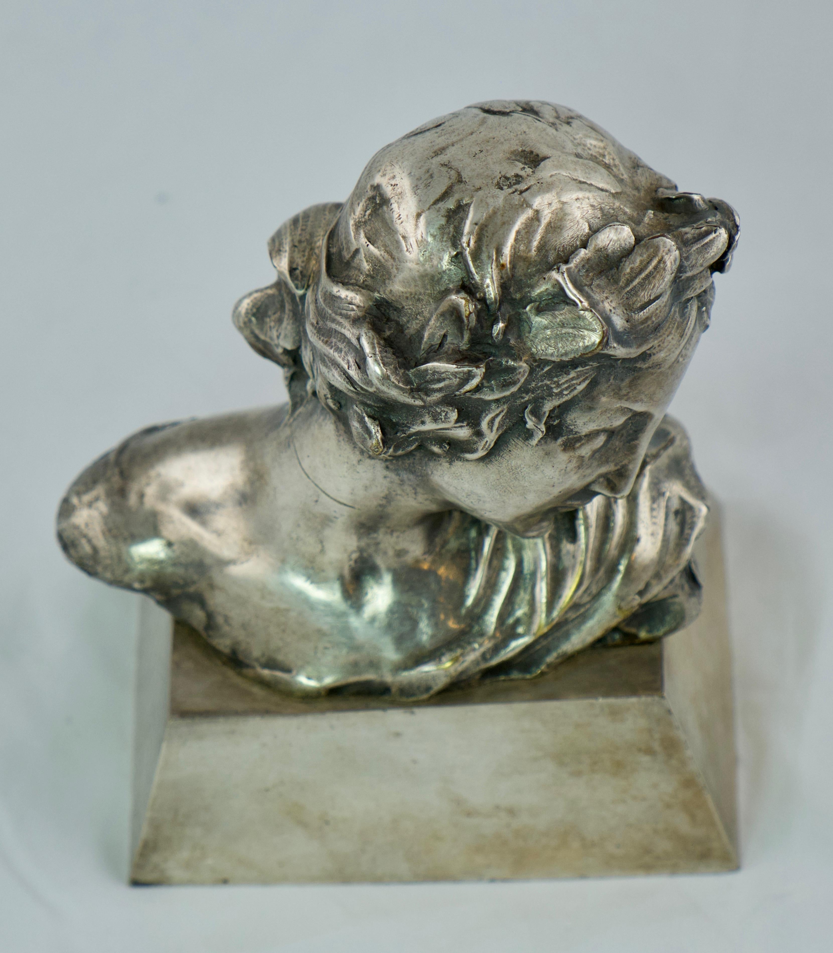 European Small Bust of a Woman Head Made of Silvered Bronze For Sale