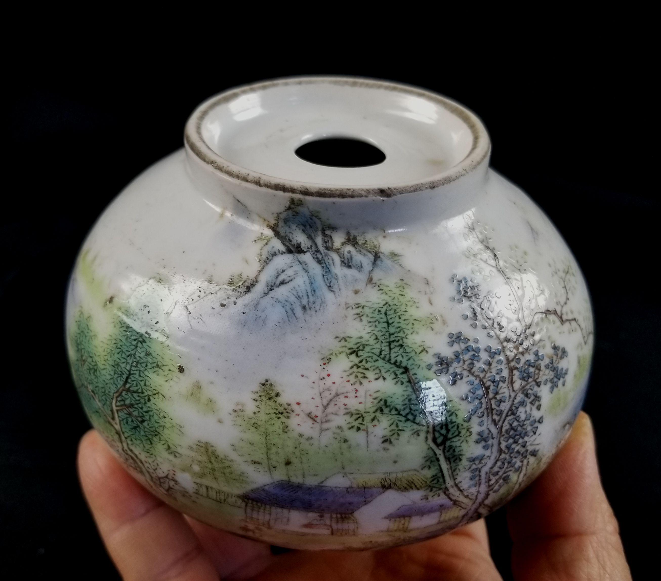 Hand-Painted Small Chinese Landscaping Round Brush Washer For Sale