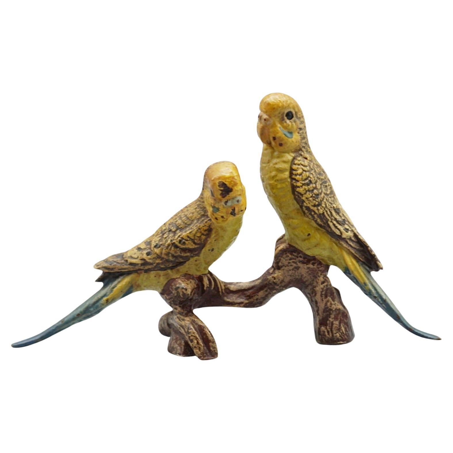 A small Cold Painted Bronze Sculpture of Two Budgerigars in vendita