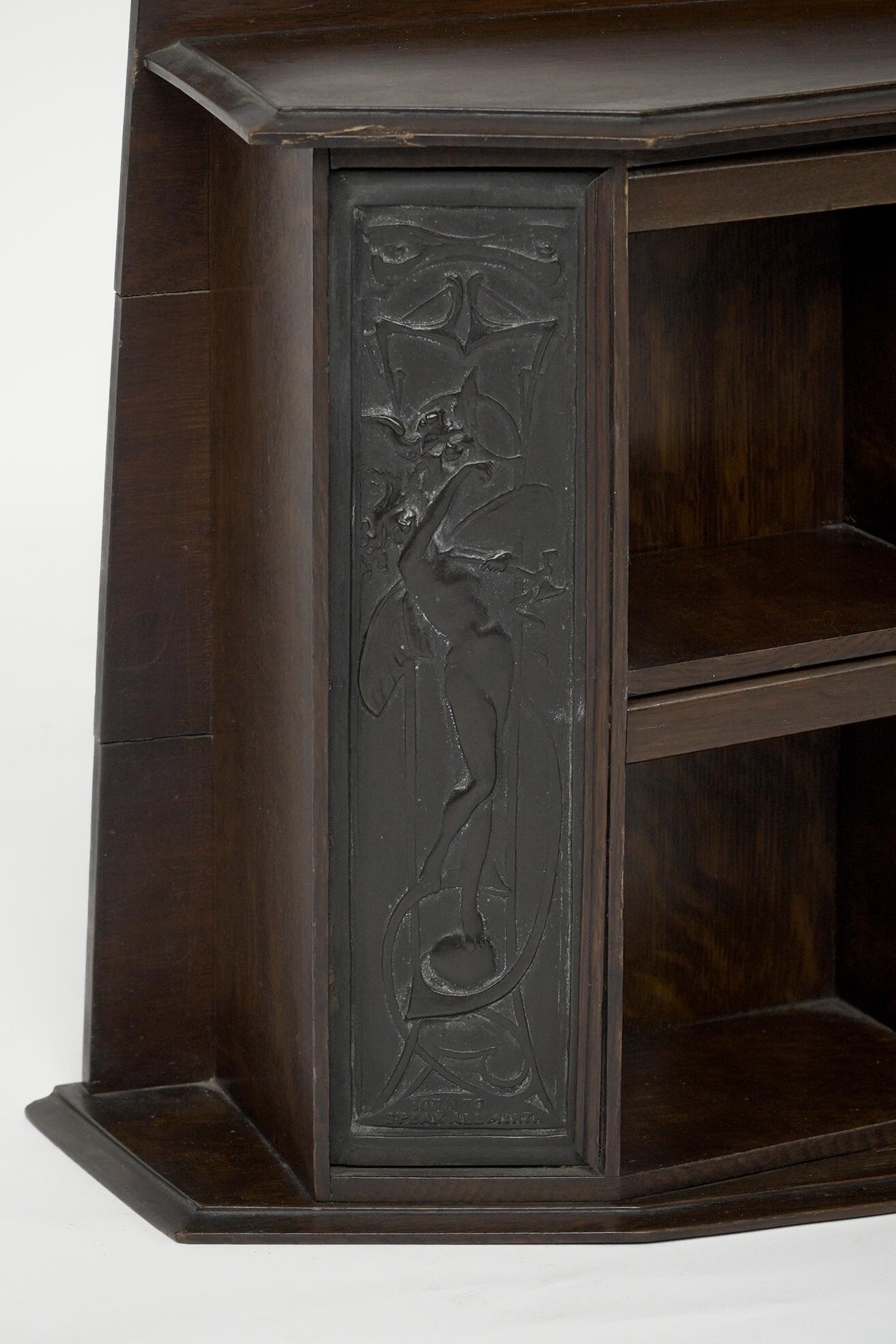 Arts and Crafts oak desk top bookcase with 3 bronze Art Nouveau period plaques. For Sale 3