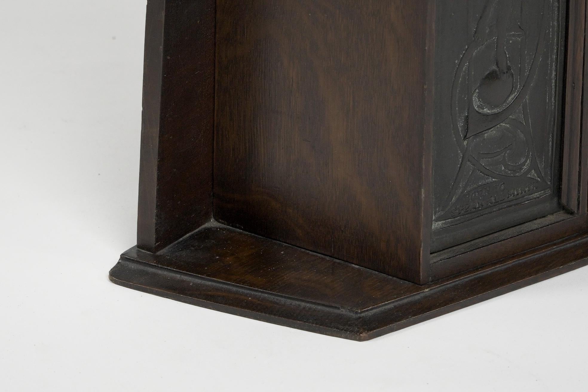 Arts and Crafts oak desk top bookcase with 3 bronze Art Nouveau period plaques. For Sale 11