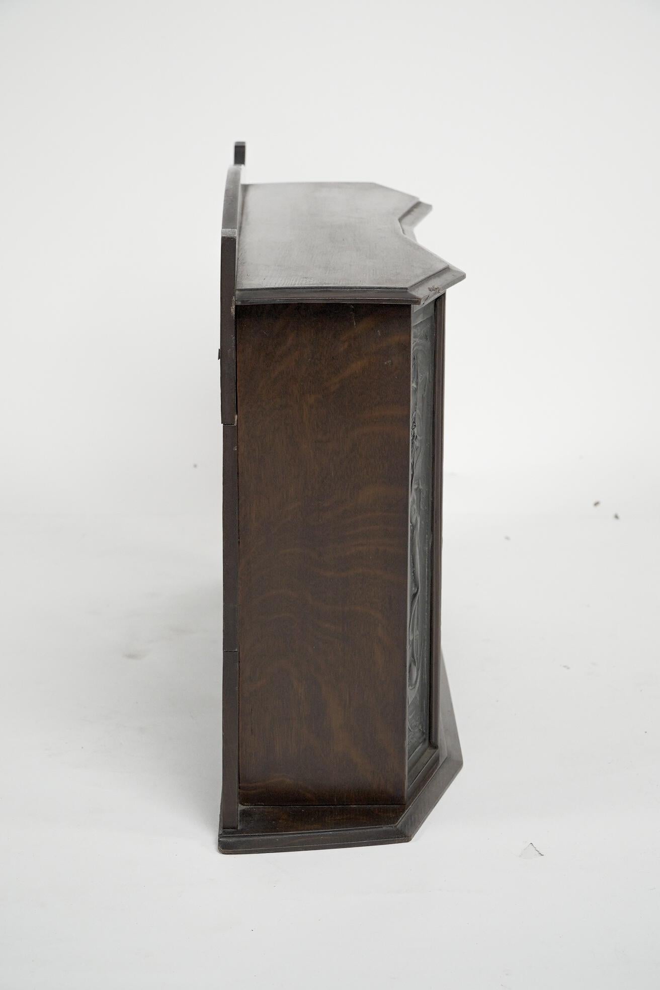 Arts and Crafts oak desk top bookcase with 3 bronze Art Nouveau period plaques. For Sale 2