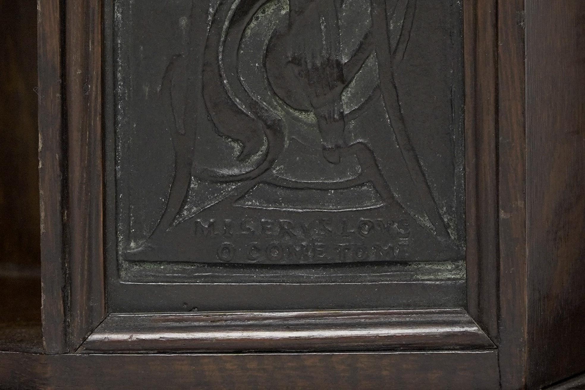 Arts and Crafts oak desk top bookcase with 3 bronze Art Nouveau period plaques. For Sale 10