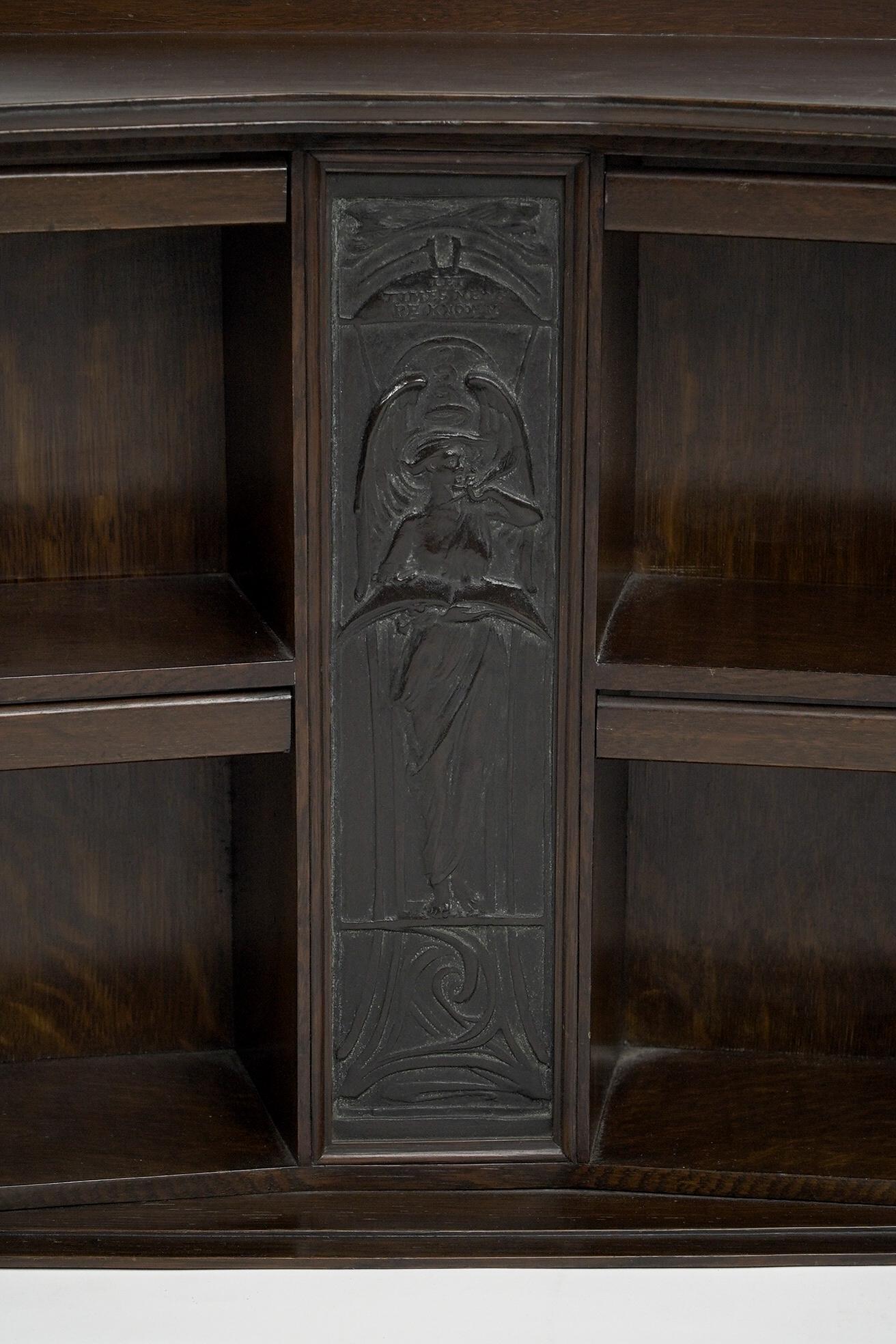 Arts and Crafts oak desk top bookcase with 3 bronze Art Nouveau period plaques. For Sale 7