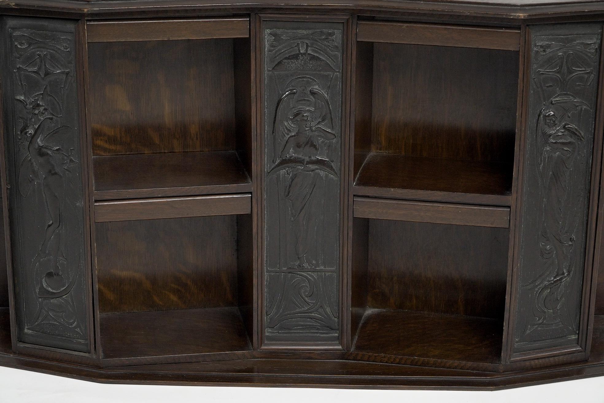 Arts and Crafts oak desk top bookcase with 3 bronze Art Nouveau period plaques. For Sale 6