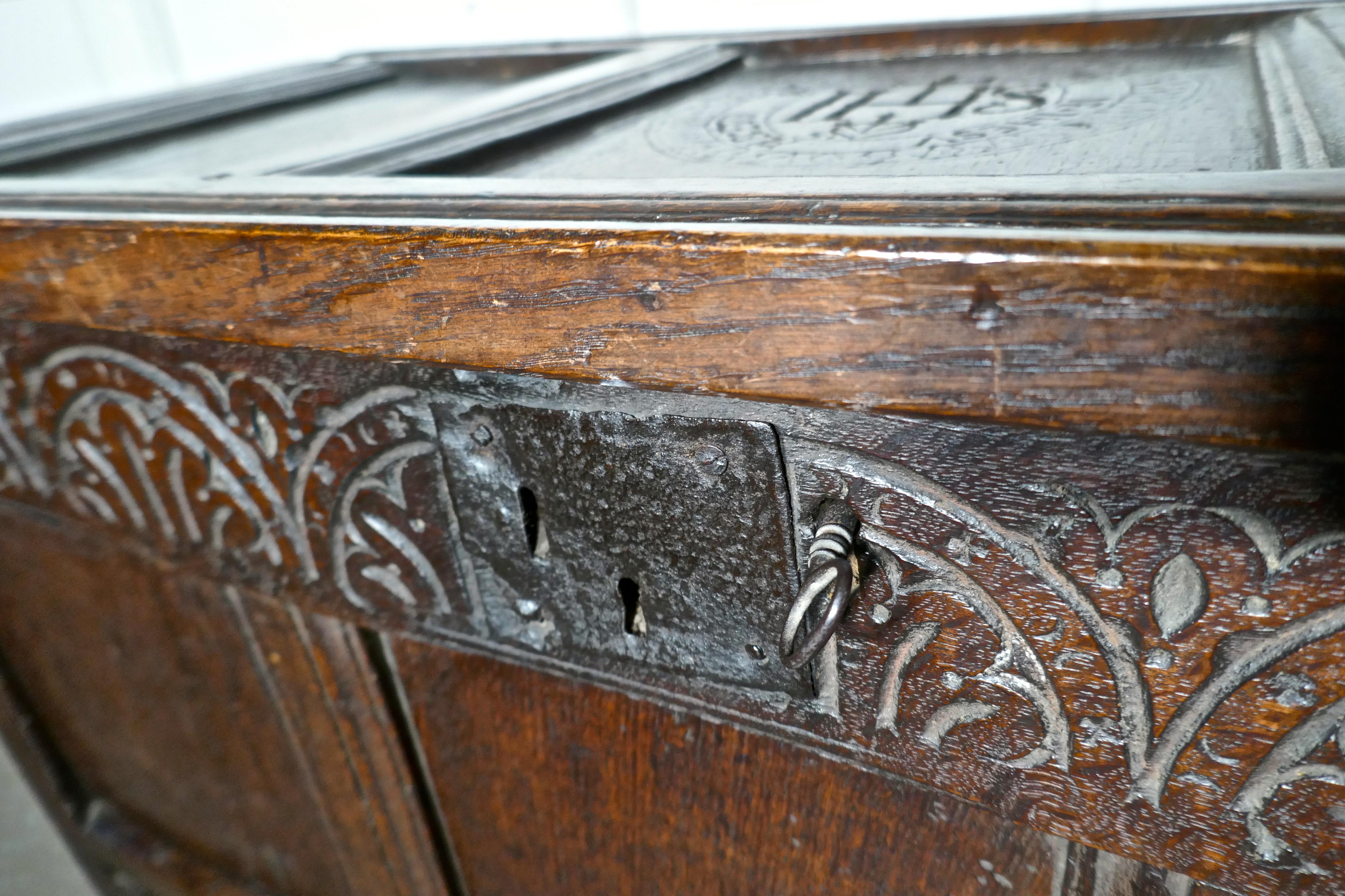 Small Early 17th Century Carved Oak Coffer, 1621 1