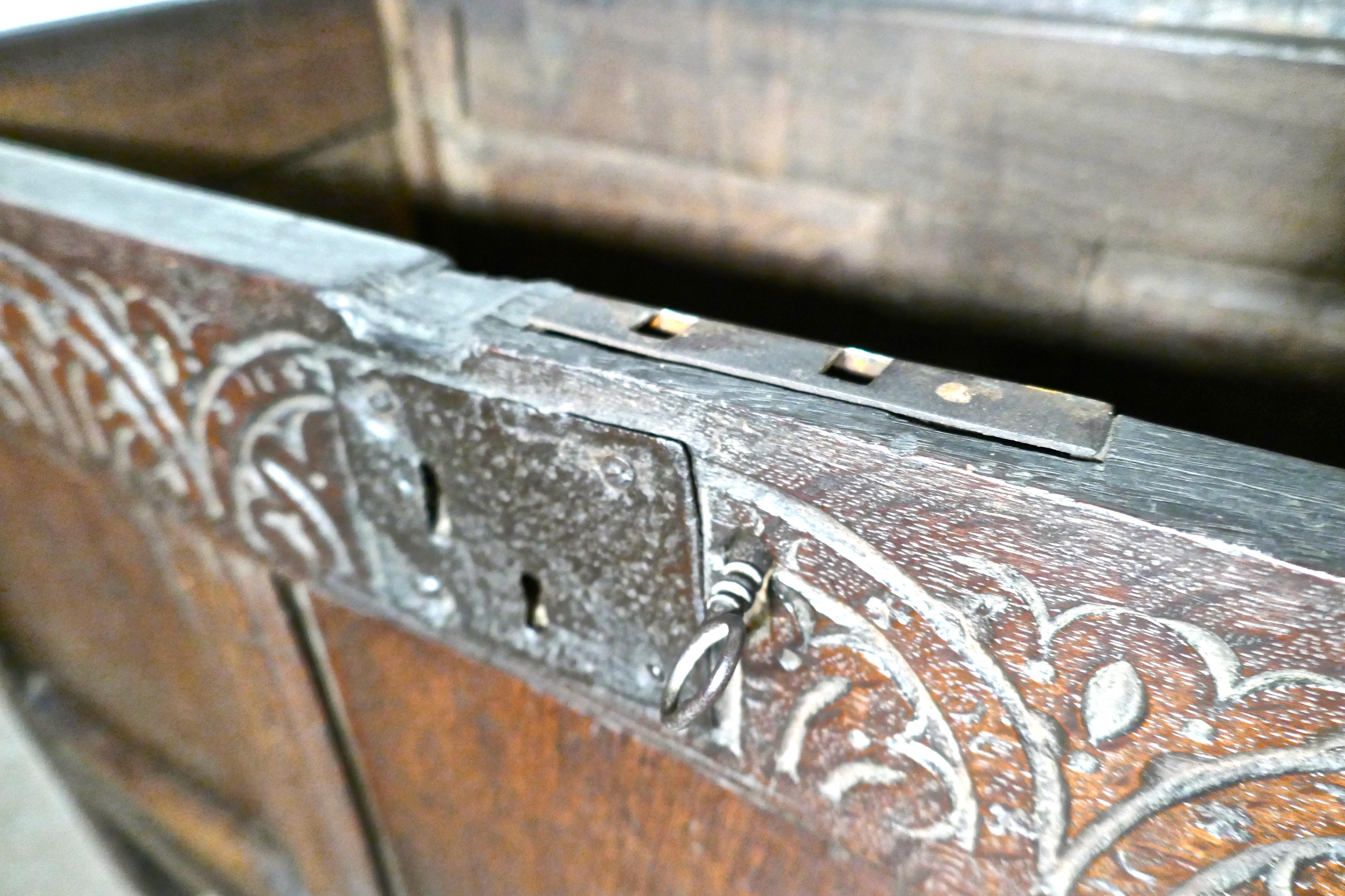 Small Early 17th Century Carved Oak Coffer, 1621 4