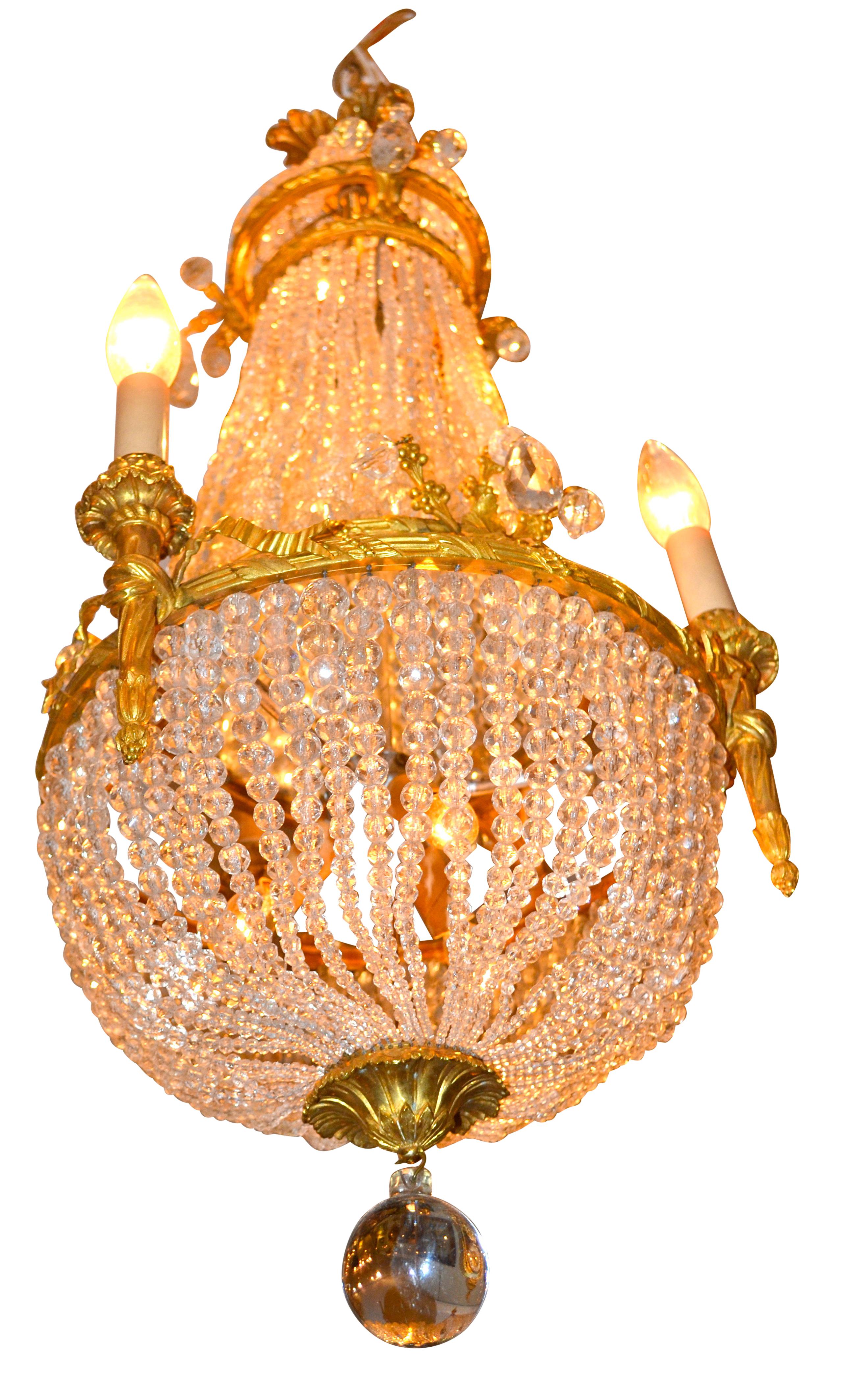 French Small Empire Style Crystal and Gilt Bronze Basket Chandelier For Sale