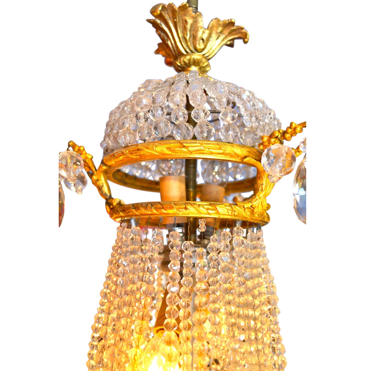 Faceted Small Empire Style Crystal and Gilt Bronze Basket Chandelier For Sale