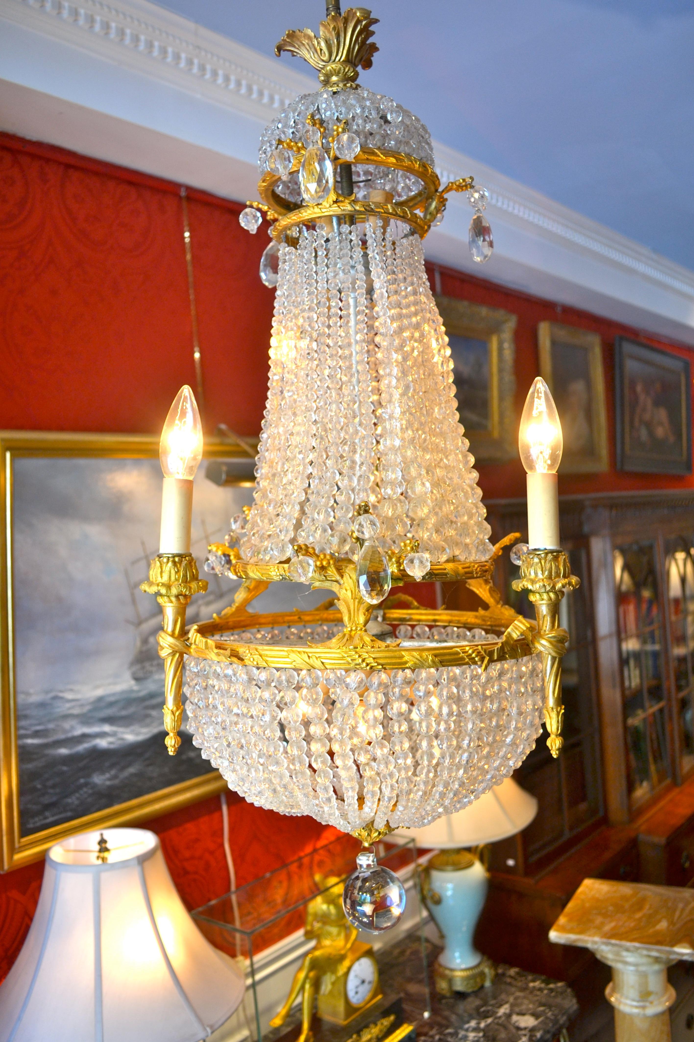 Small Empire Style Crystal and Gilt Bronze Basket Chandelier In Good Condition For Sale In Vancouver, British Columbia