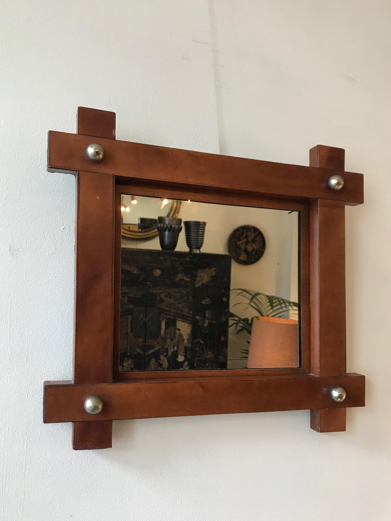 Mid-Century Modern Small French 1950s Leather Square Mirror