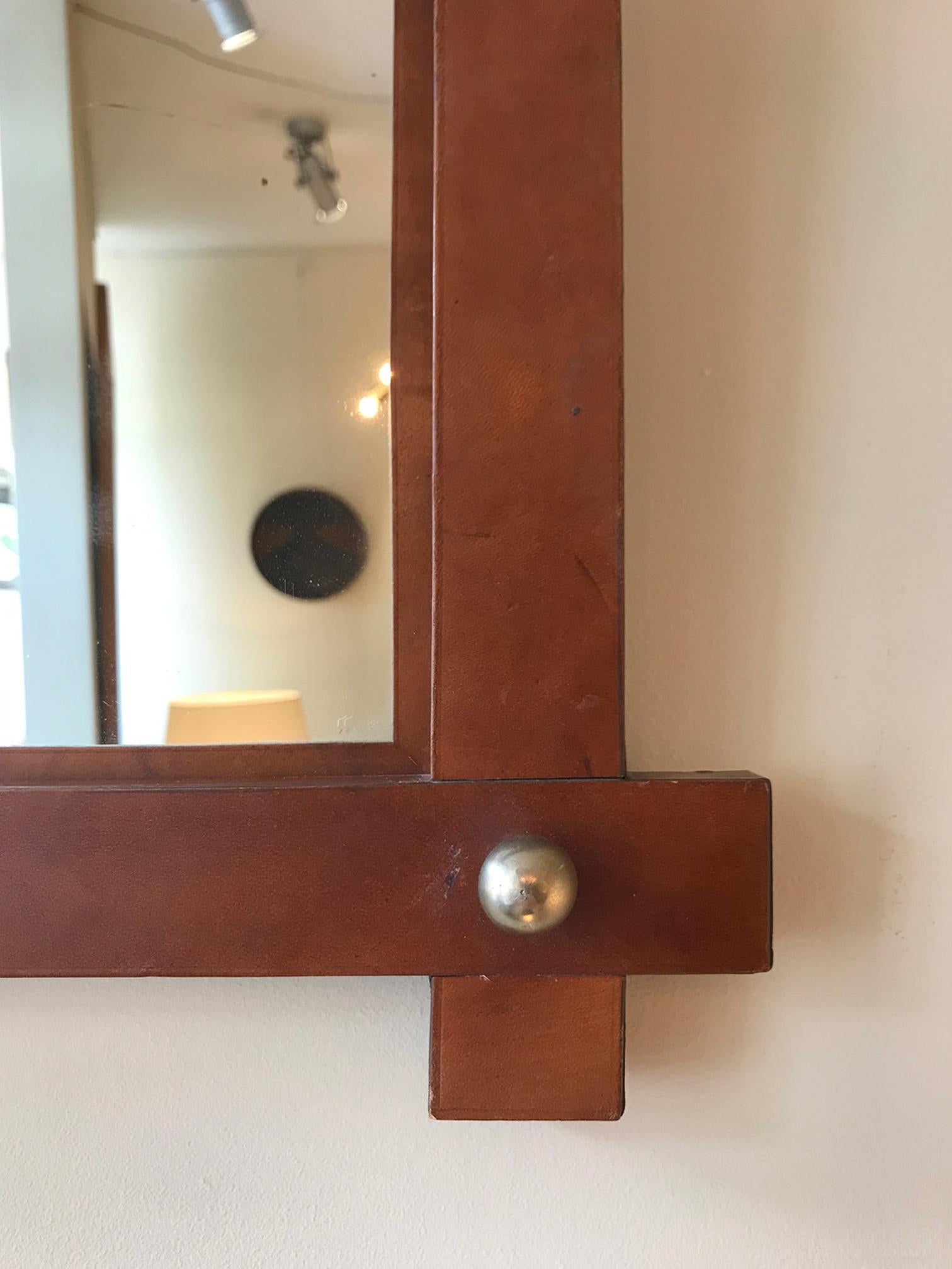 Plated Small French 1950s Leather Square Mirror