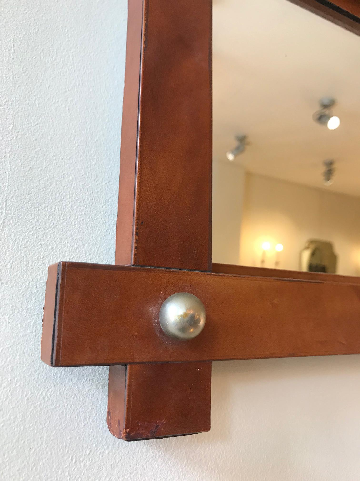 Small French 1950s Leather Square Mirror In Good Condition In London, GB