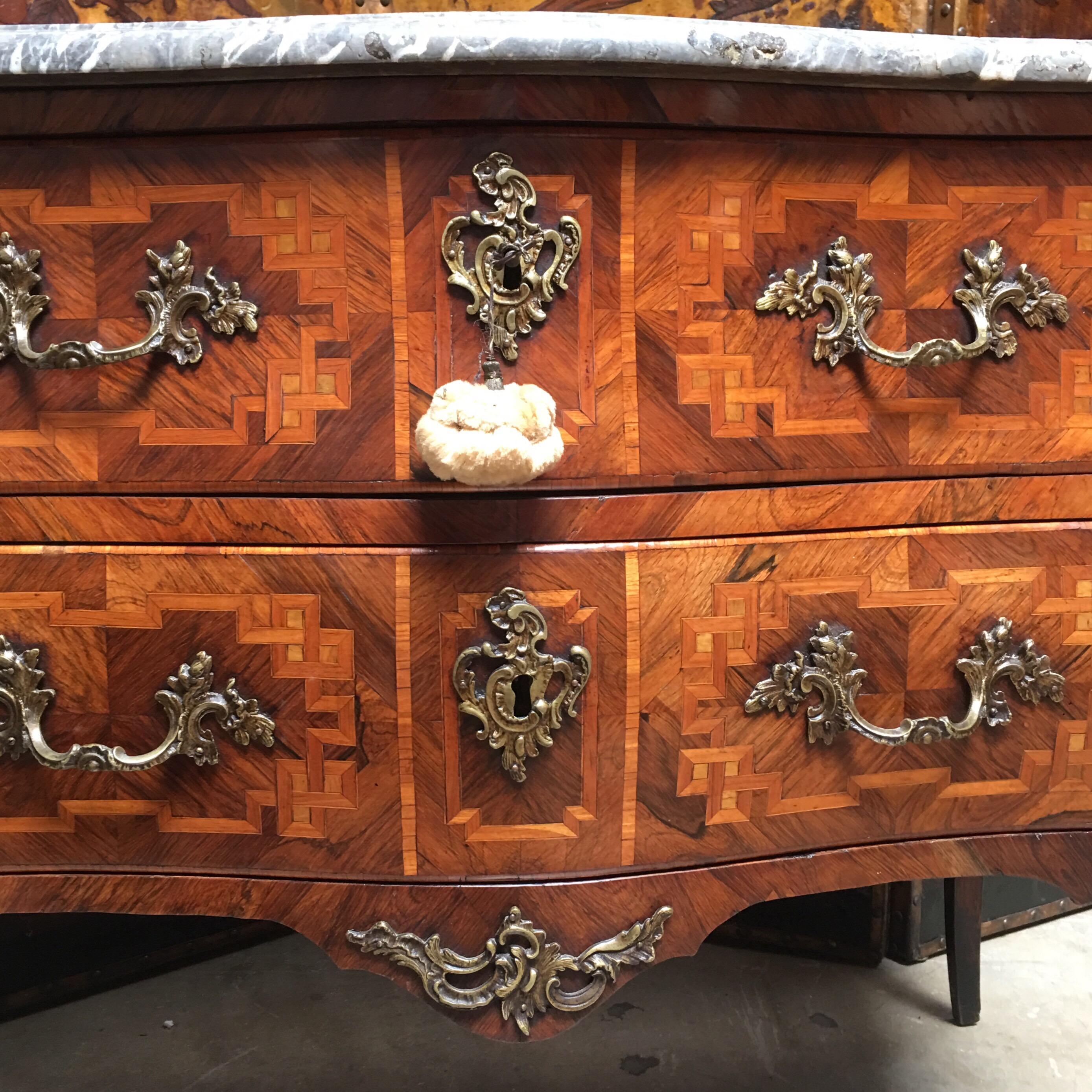 Cast 18th Century Small French Louis XV Marquetry Commode with Marble Top