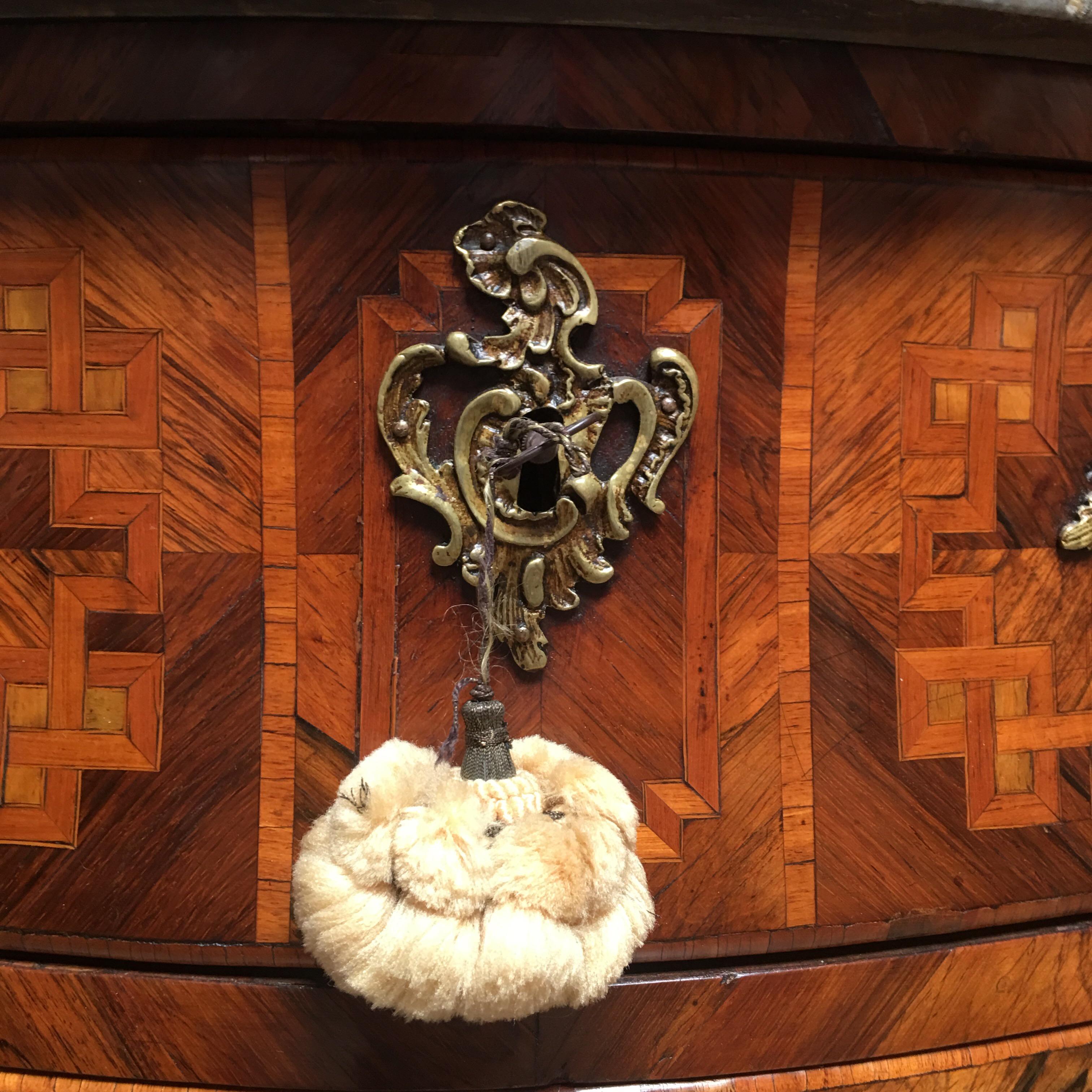 18th Century Small French Louis XV Marquetry Commode with Marble Top In Good Condition In Dallas, TX