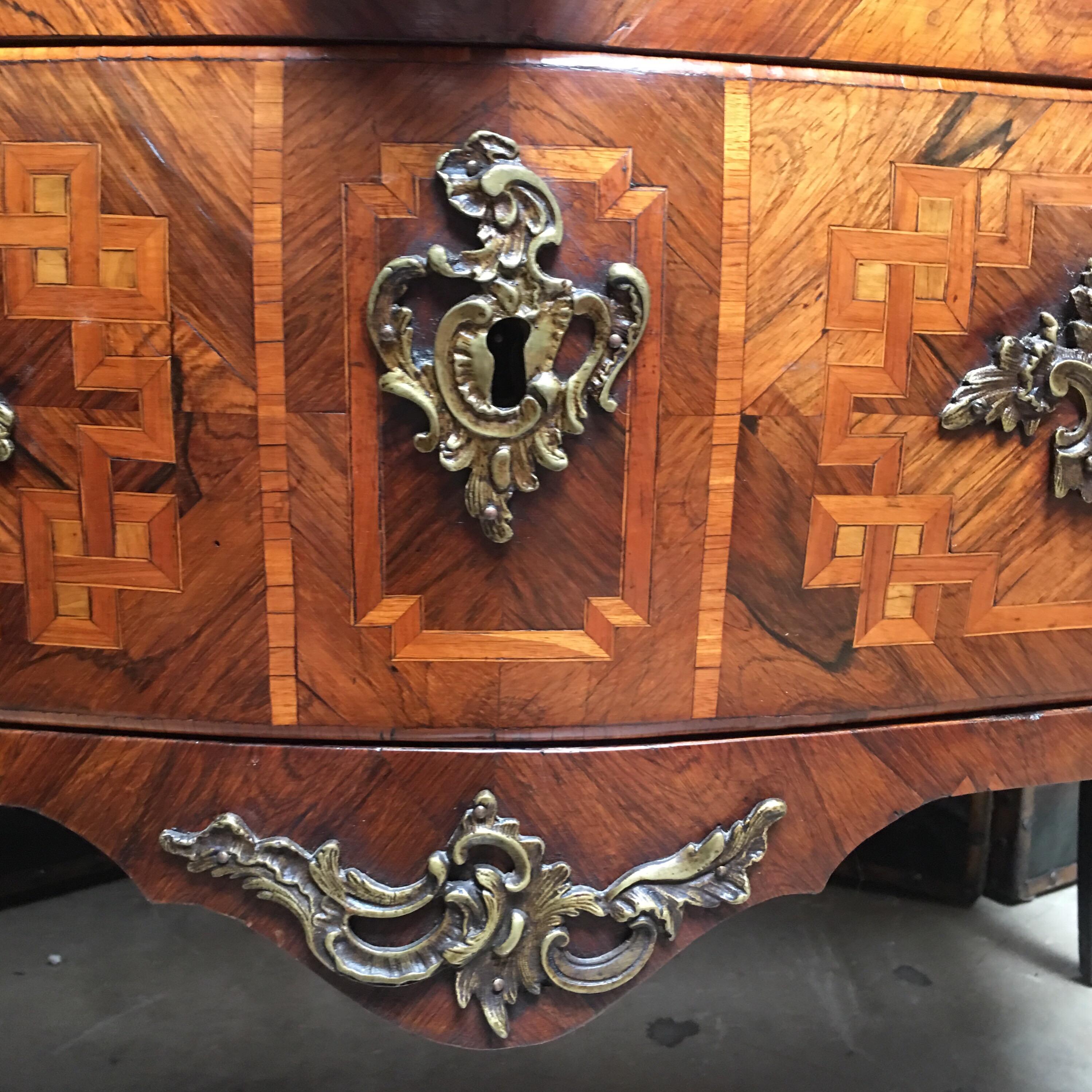 Bronze 18th Century Small French Louis XV Marquetry Commode with Marble Top