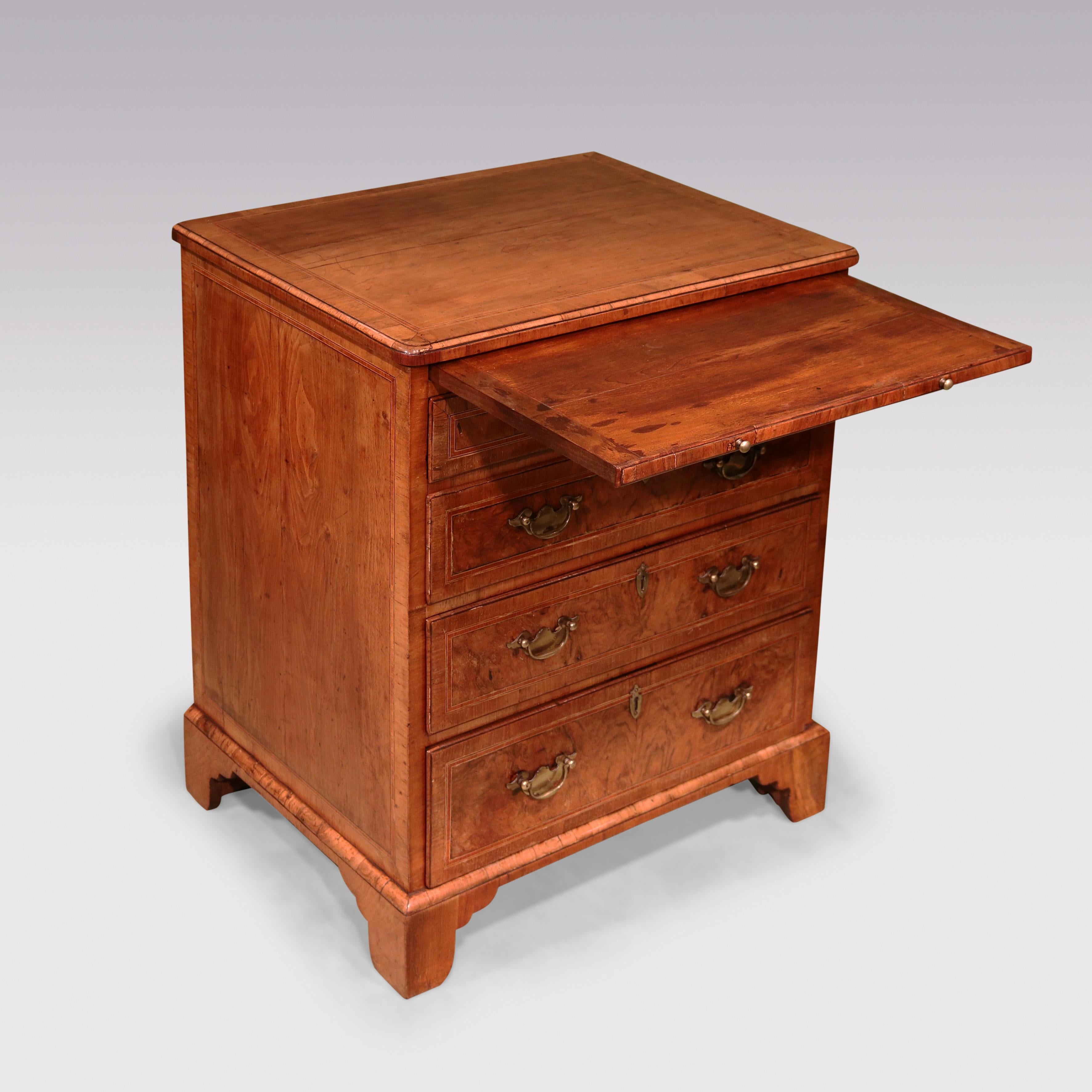 A mid-18th century George II period walnut chest of attractive small proportions, boxwood & ebony lined and tulipwood crossbanded throughout, having inlaid edged top above brushing slide & 4 graduated drawers retaining original handles, supported on