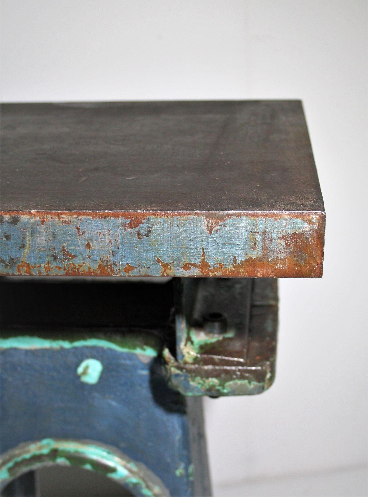 20th Century Small Industrial Heavy Form Cat Iron Engineers Table Superb Patina Colour