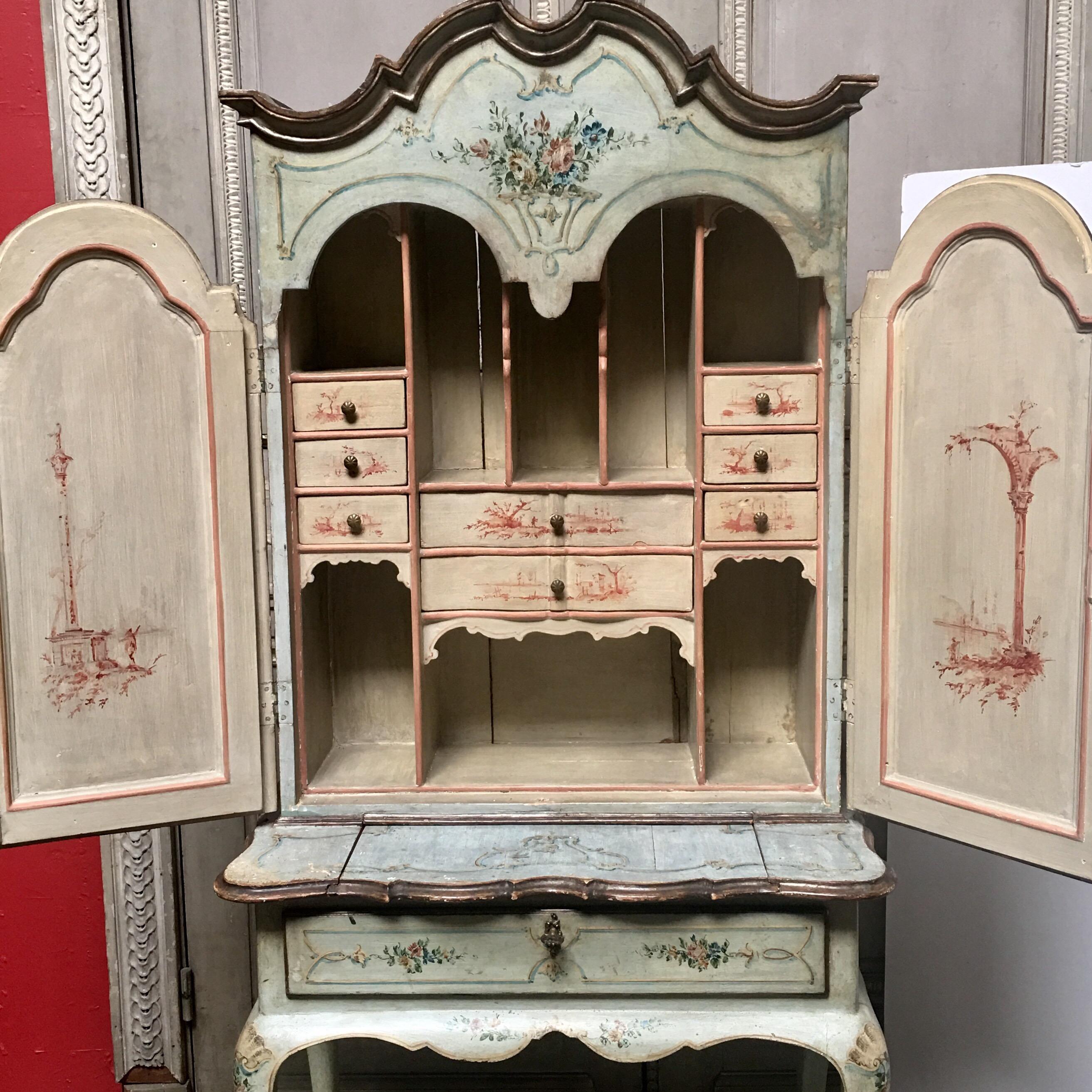 Rococo Late 19th Century Chinoiserie Italian Painted Secretary in Celadon Blue-Green