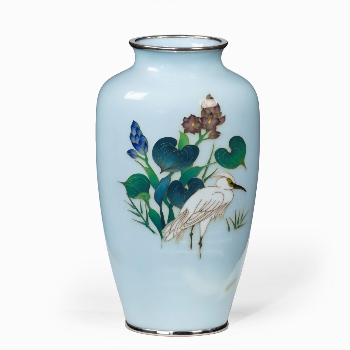 Japanese Small Light Blue Cloisonne Enamel Vase with an Egret For Sale