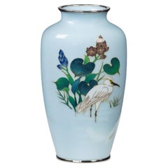 Retro Small Light Blue Cloisonne Enamel Vase with an Egret