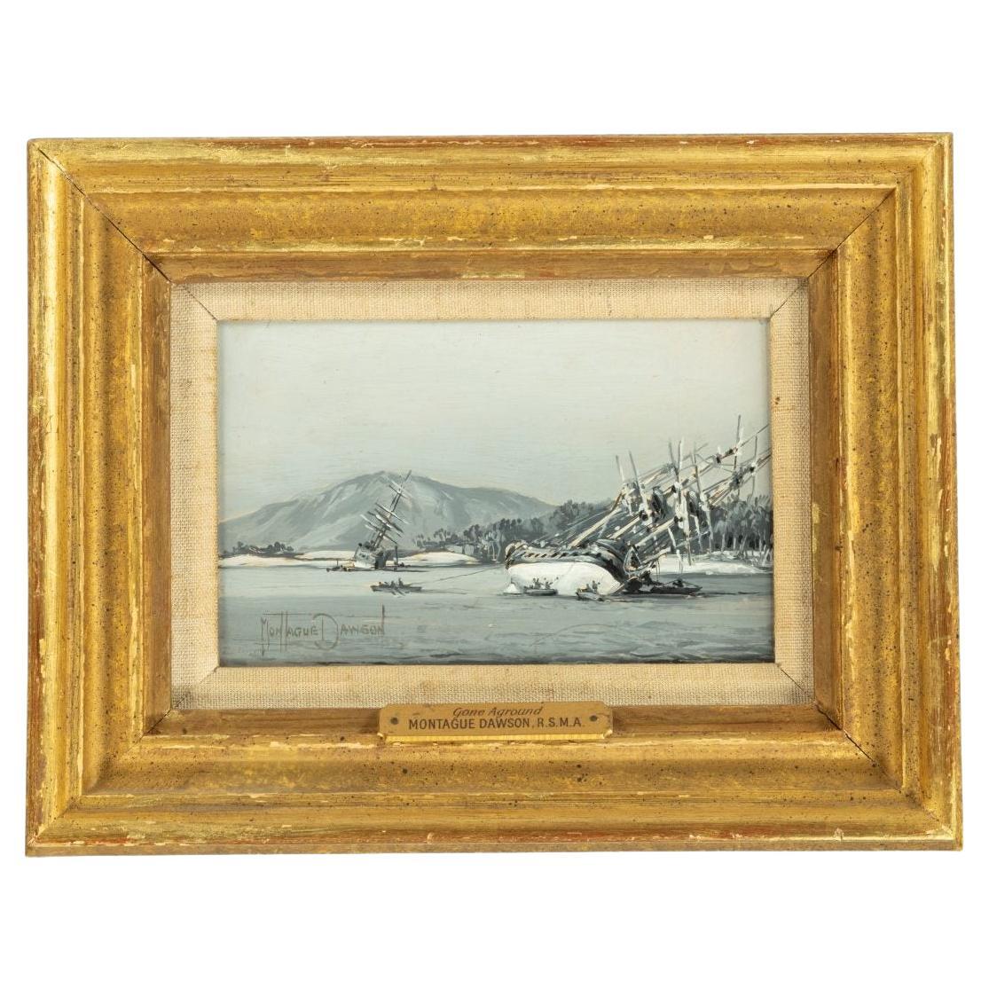 Small Montague Dawson Oil on Panel of Ships Being Careened, Dated 1960 For Sale