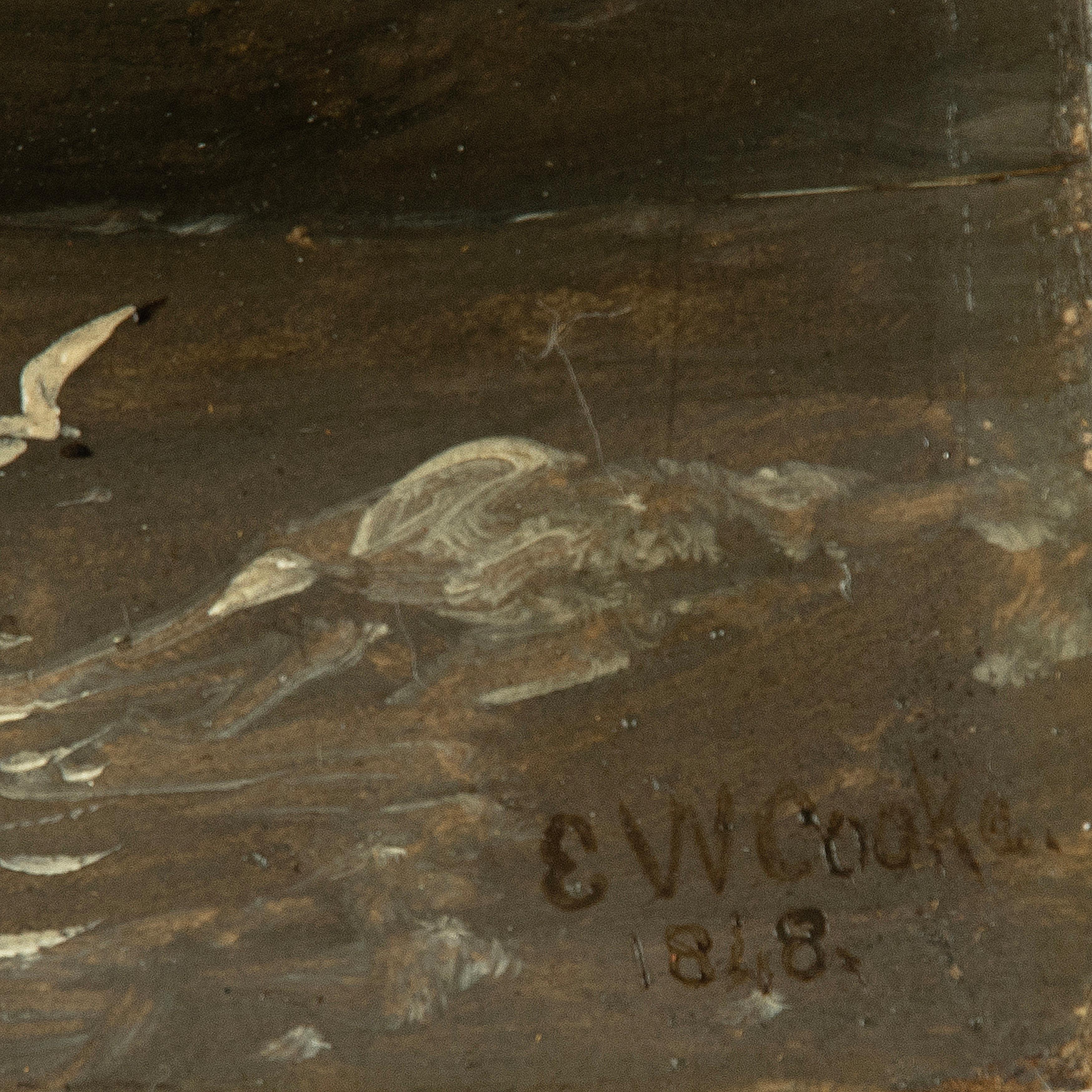 A rediscovered small oil painting of a fishing boat leaving Calais Harbour by E W Cooke, depicting a fishing boat from Trouville battling stormy seas as it attempts to reach the harbour in Calais. 

Label on reverse  ‘No. 4 Trouville Fishing boat