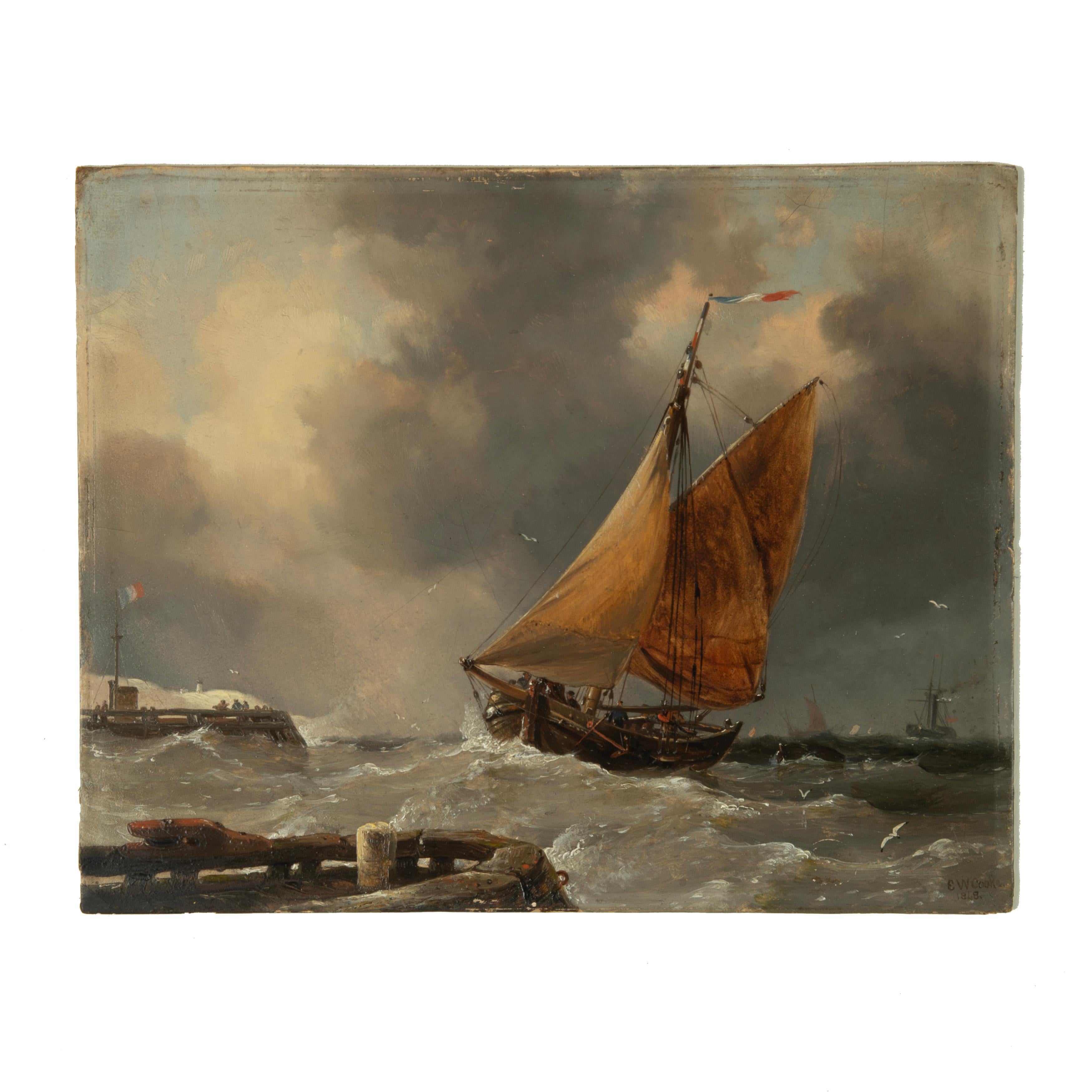 English A small oil painting of a fishing boat leaving Calais Harbour by E W Cooke For Sale