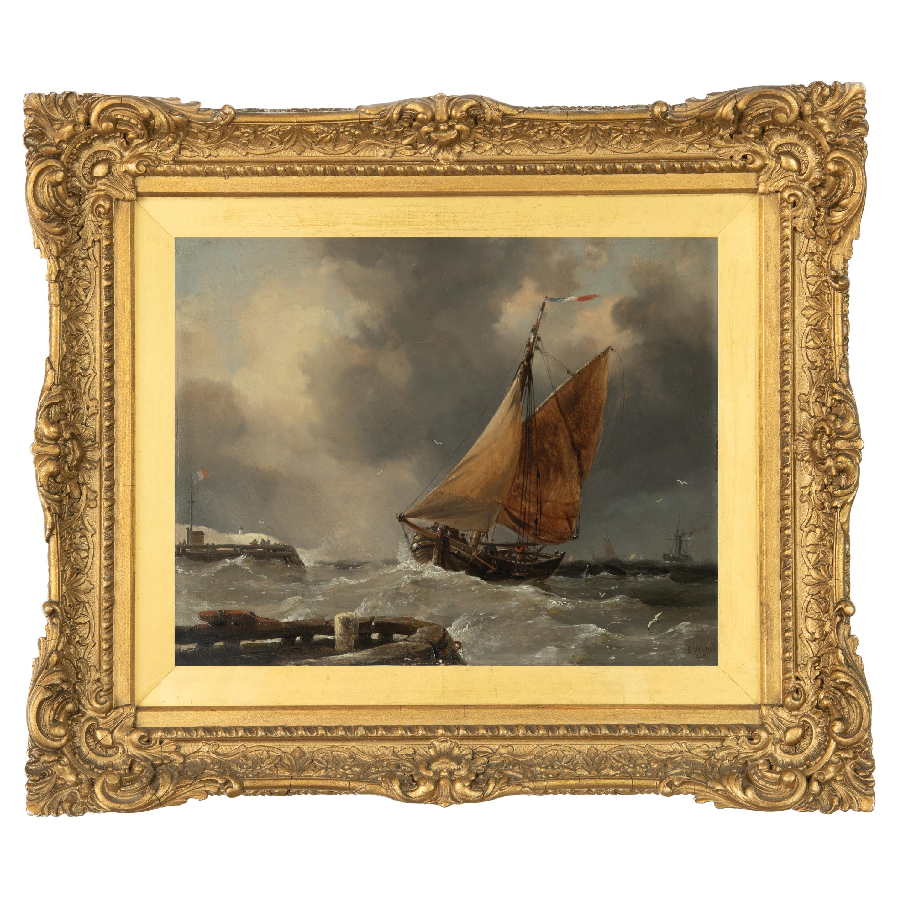 A small oil painting of a fishing boat leaving Calais Harbour by E W Cooke