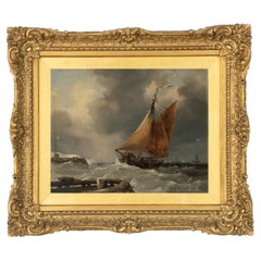 Une petite peinture à l'huile d'un bateau de pêche qui quitte Calais Harbour par E W Cooke