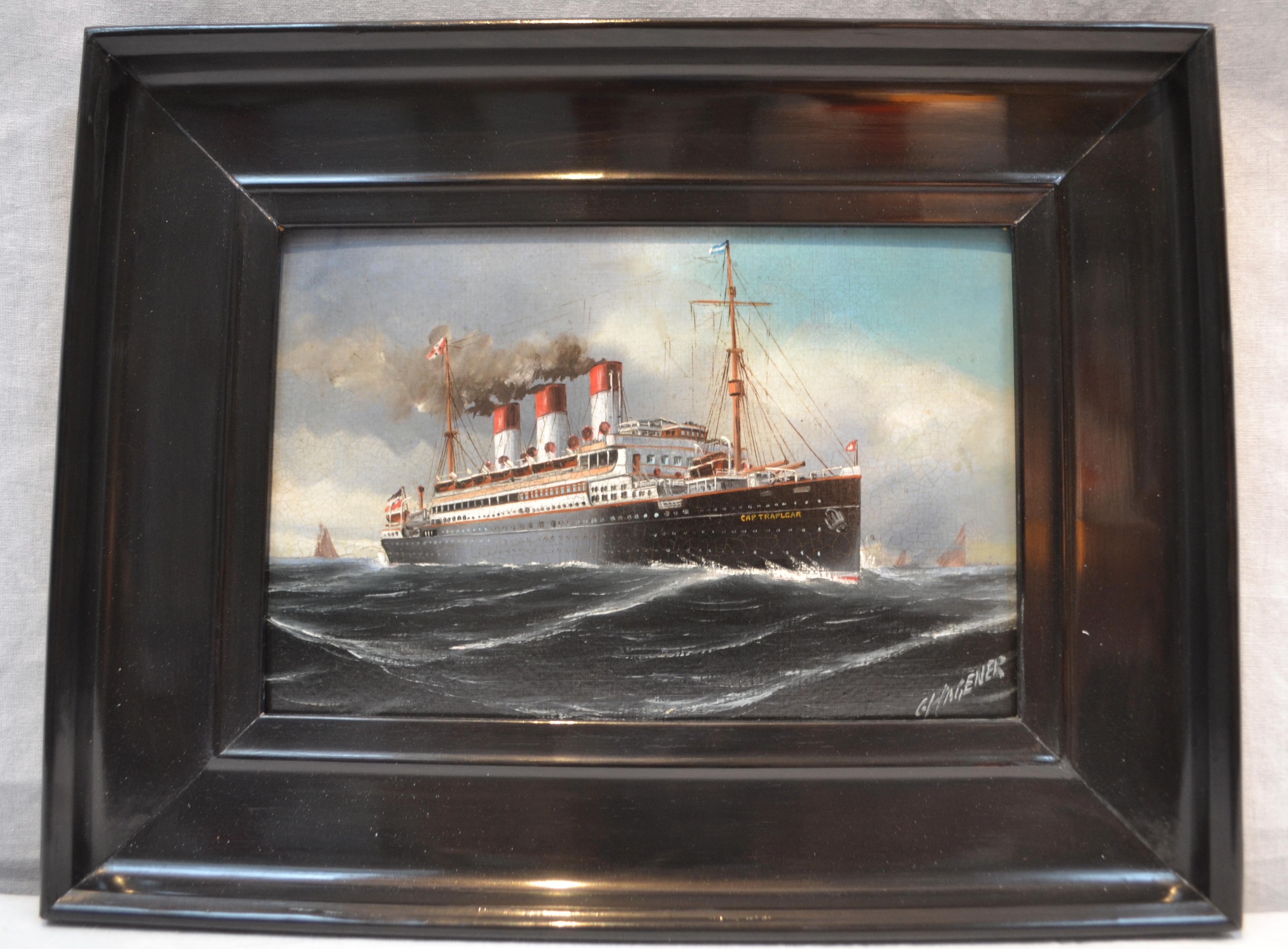 A small oil painting on board signed Wagener of the steam ship cap Trafalgar which was sunk off Trinidad and Tobago in the Caribbean on the 14 September 1914. At the outbreak of World War I, the cap Trafalgar was interned in Buenos Aires. Argentina