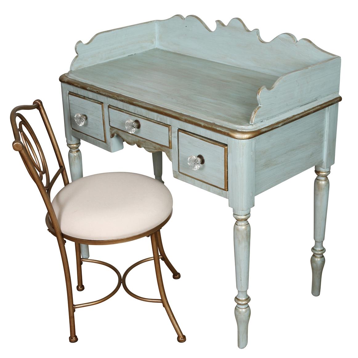 A charming little desk painted in a soft blue with gold accents.  Perfect for a small  office or bedroom, the desk has three drawers with glass knobs and turned legs.  The scalloped back detail adds to its charm.  The desk chair has a gold metal