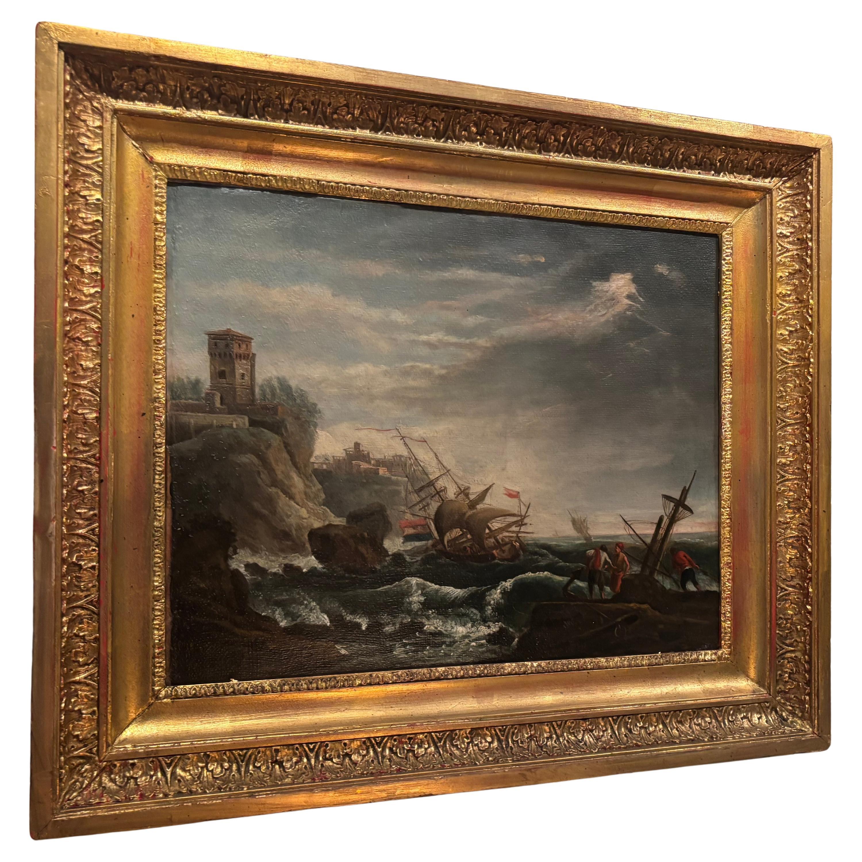 A small painting of a storm on a Mediterranean coast by Le Croix de Marseilles