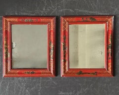 A Small Pair of 1950's Red Chinoiserie Mirrors