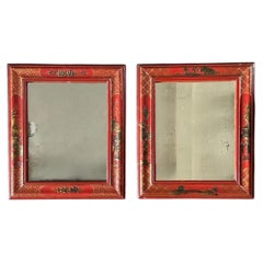 A Small Pair of 1950's Red Chinoiserie Mirrors