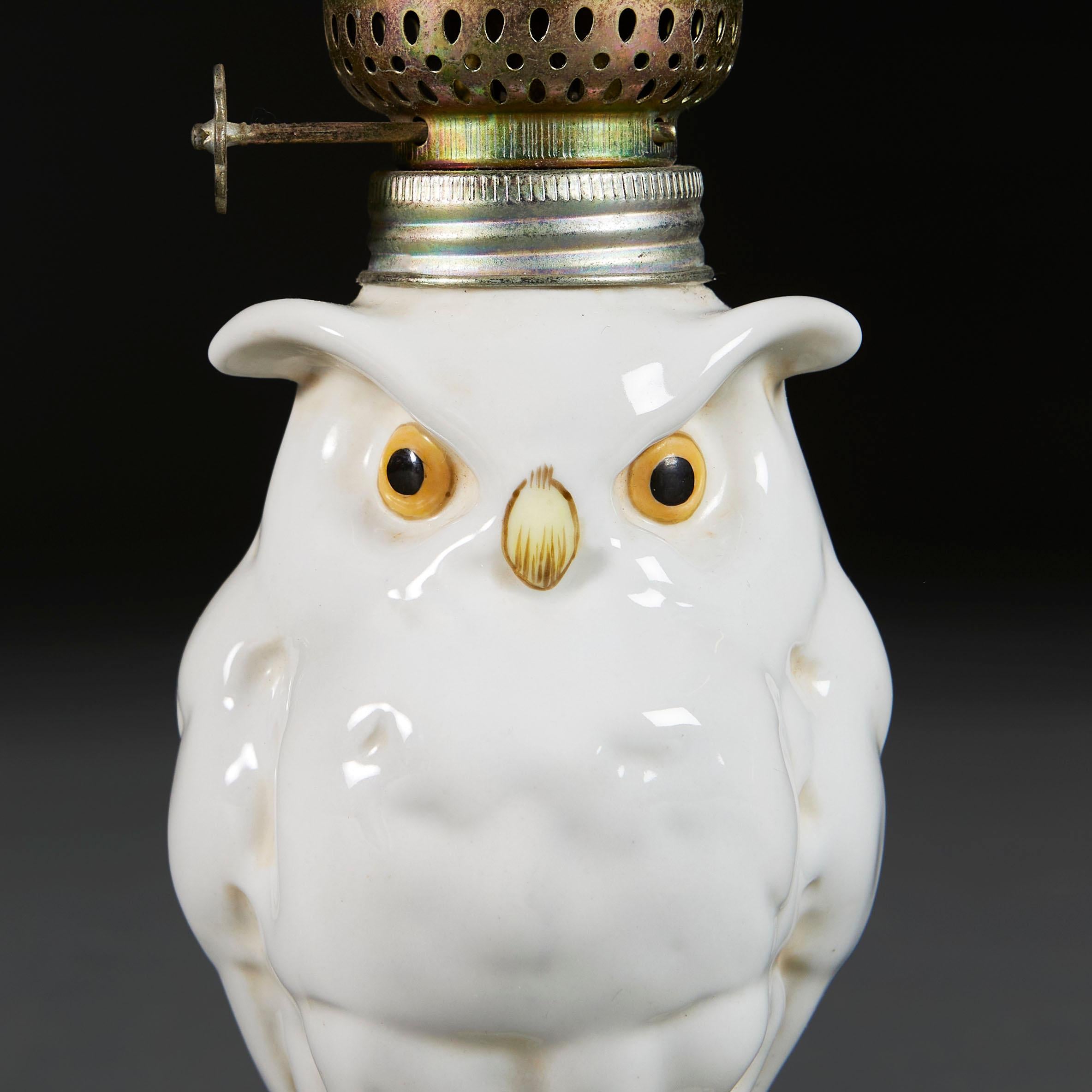 German A Small Pair of Ceramic Owl Meissen Lamps