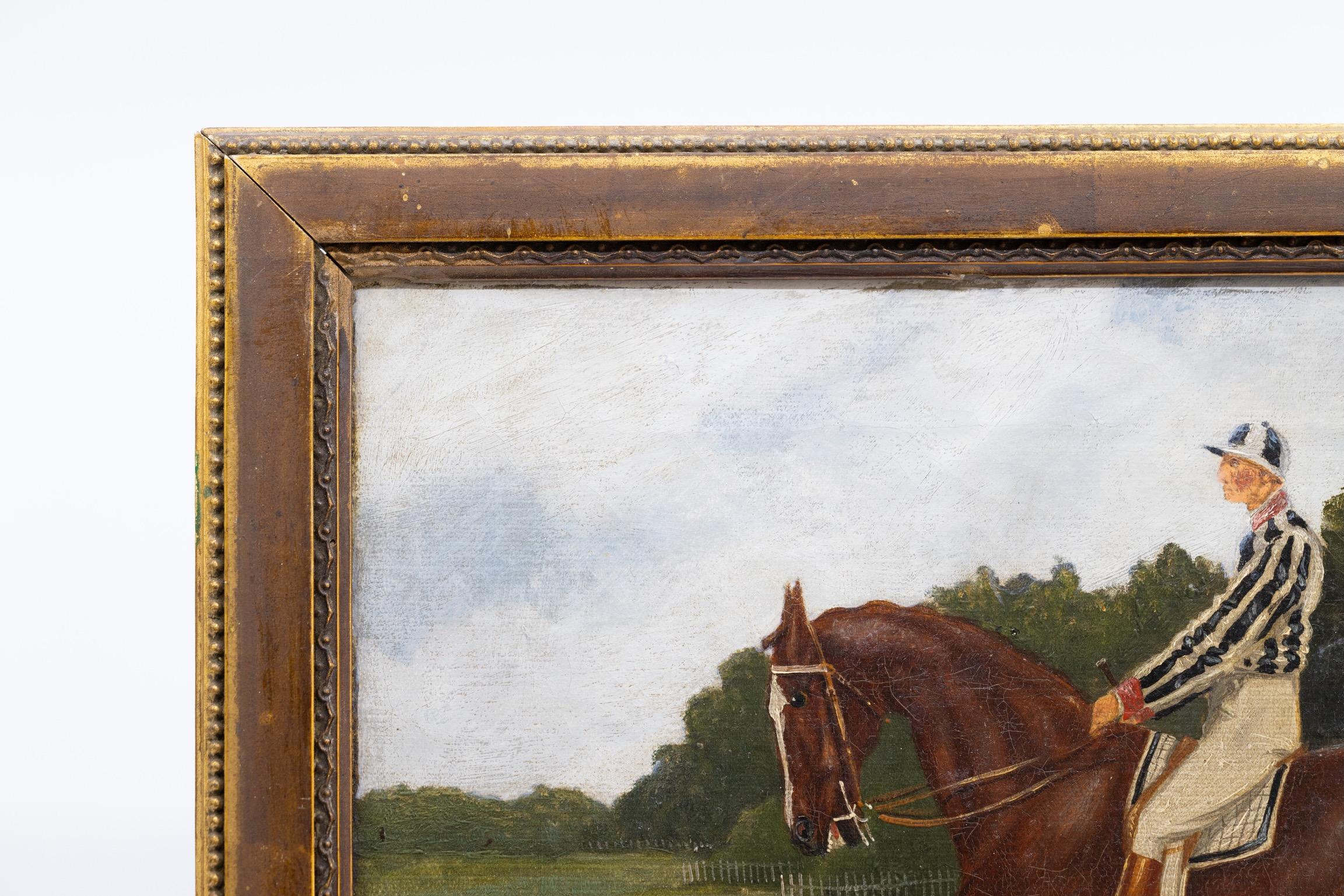 A Small Pair of Early 19th Century English Horse and Jockey Paintings For Sale 7