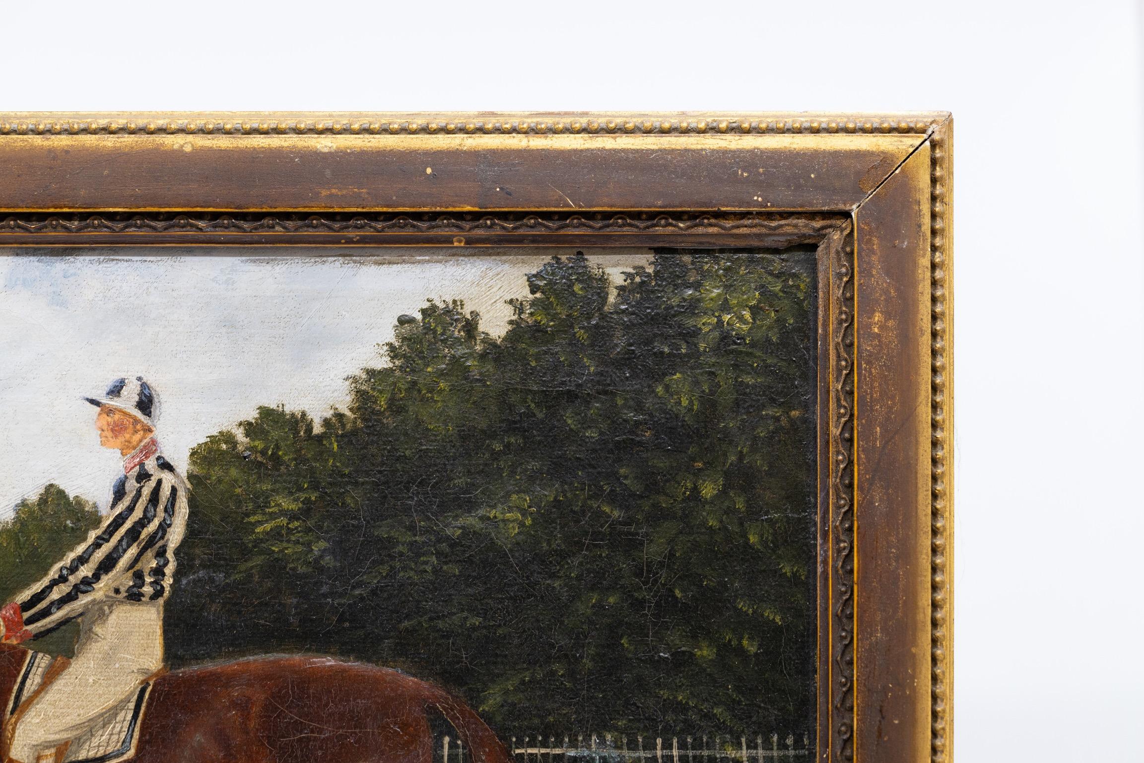 A Small Pair of Early 19th Century English Horse and Jockey Paintings For Sale 8