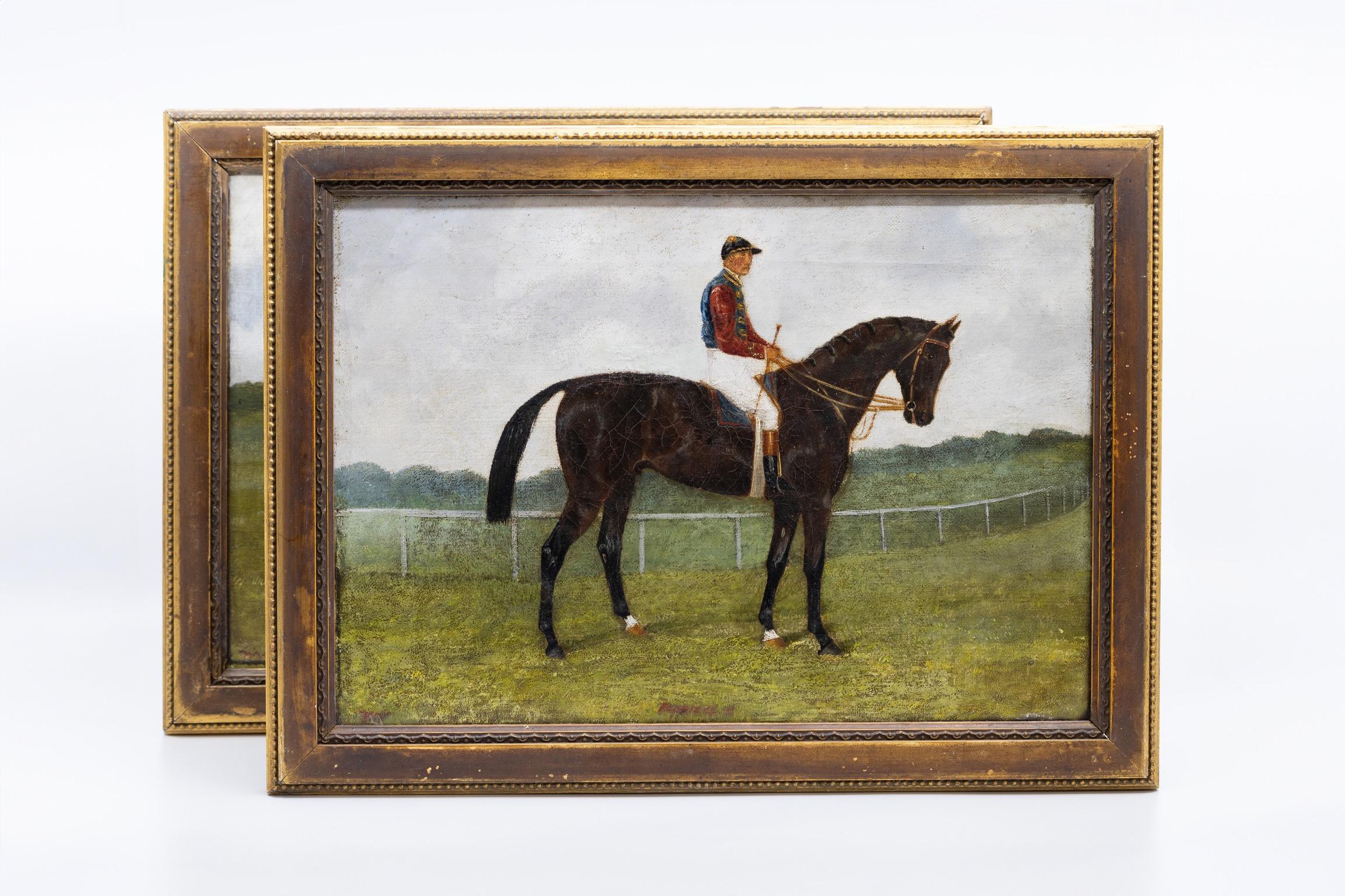 A charming pair of early 19th century horse paintings! Each painting depicts a Jockey on his horse. The Jockeys are dressed in colorful uniforms. Delightful trees in the background, and a fence runs along in the background. Signed. Beautiful old