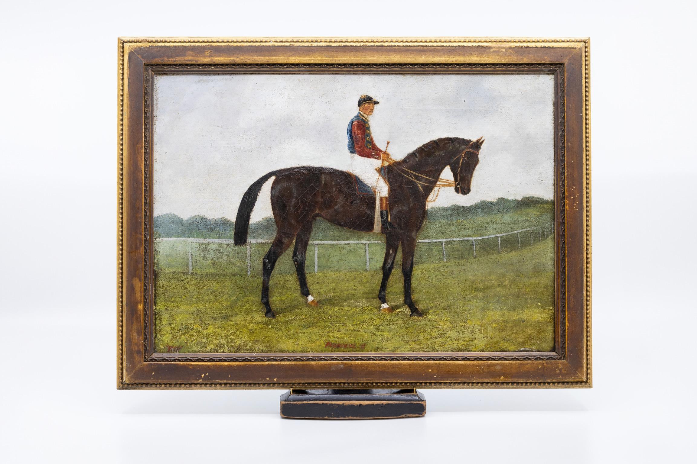Ein kleines Paar englischer Pferde- und Jockeygemälde aus dem frühen 19. Jahrhundert (Viktorianisch) im Angebot