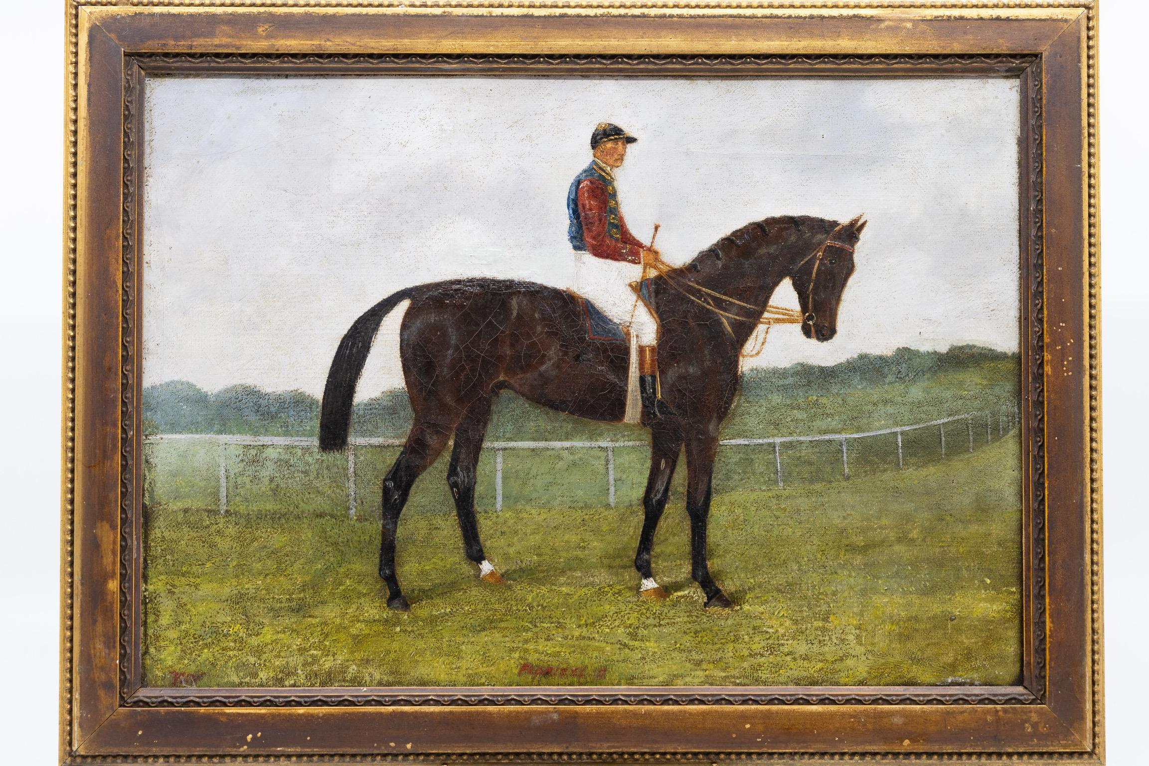Ein kleines Paar englischer Pferde- und Jockeygemälde aus dem frühen 19. Jahrhundert (Britisch) im Angebot