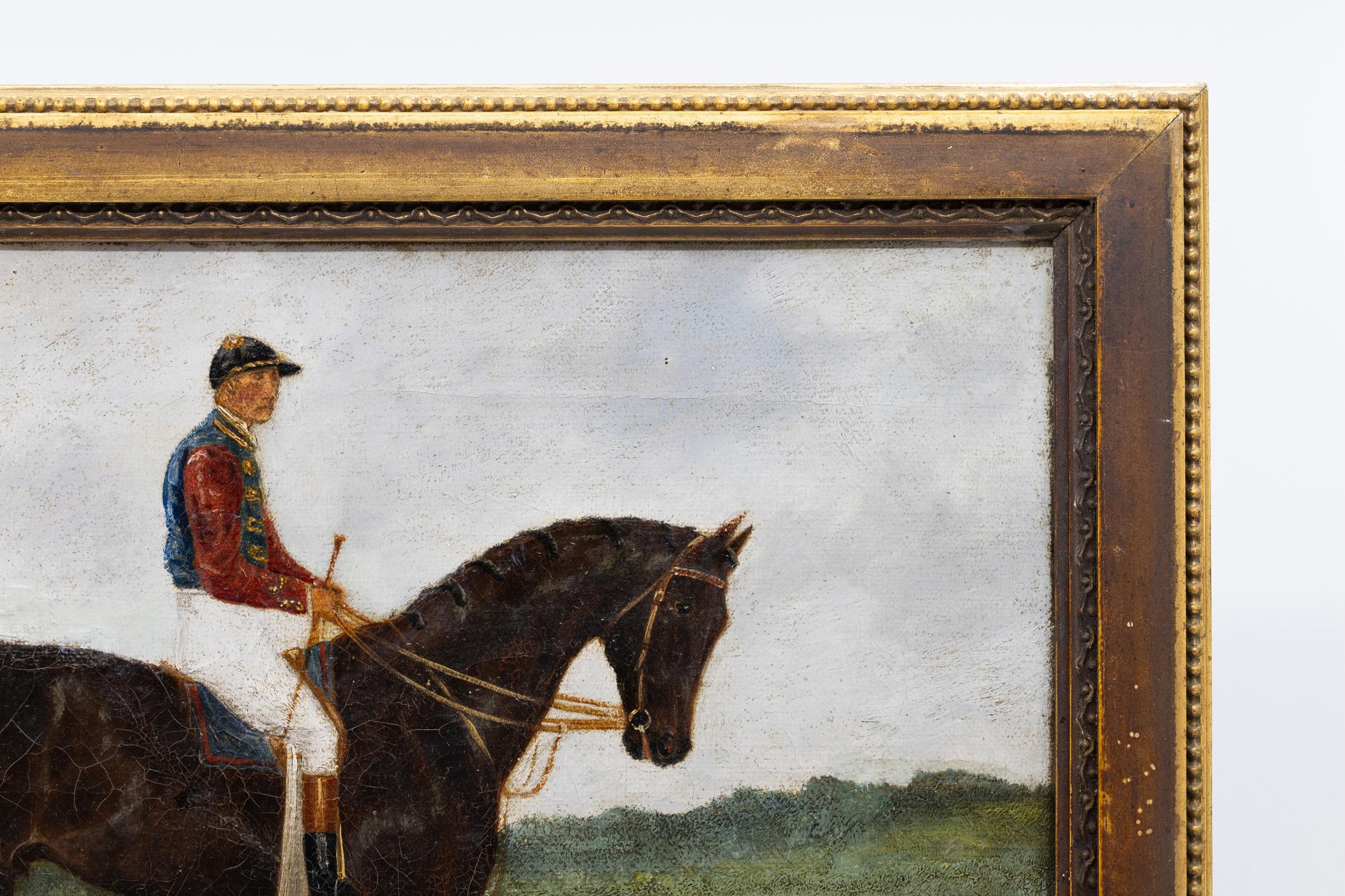 A Small Pair of Early 19th Century English Horse and Jockey Paintings For Sale 2